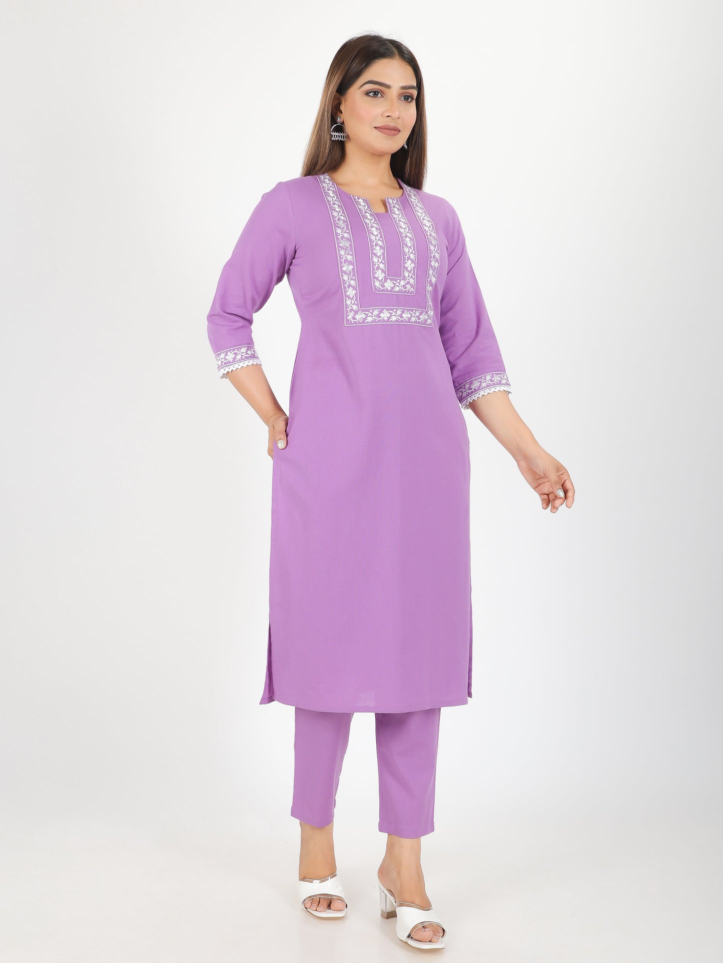 Linen Cotton Solid Embroidered Kurta