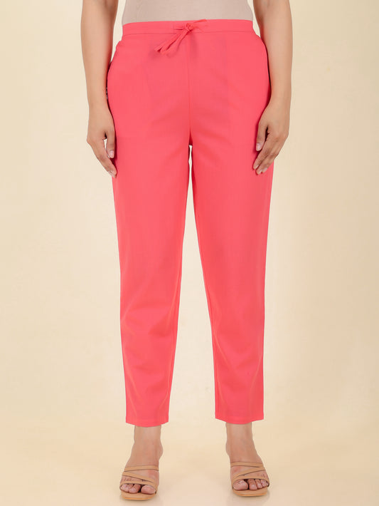 Soft Cotton Solid Pink Tapered Trousers