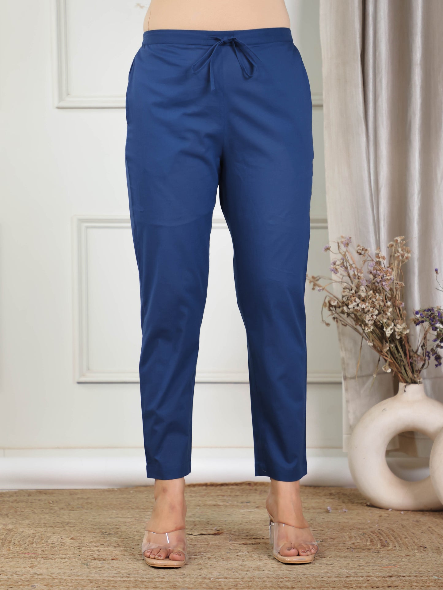 Soft Cotton Solid Indigo blue Tapered Trousers