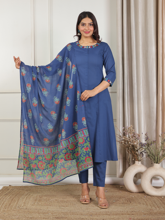 Cotton Voile Floral Blue Dupatta