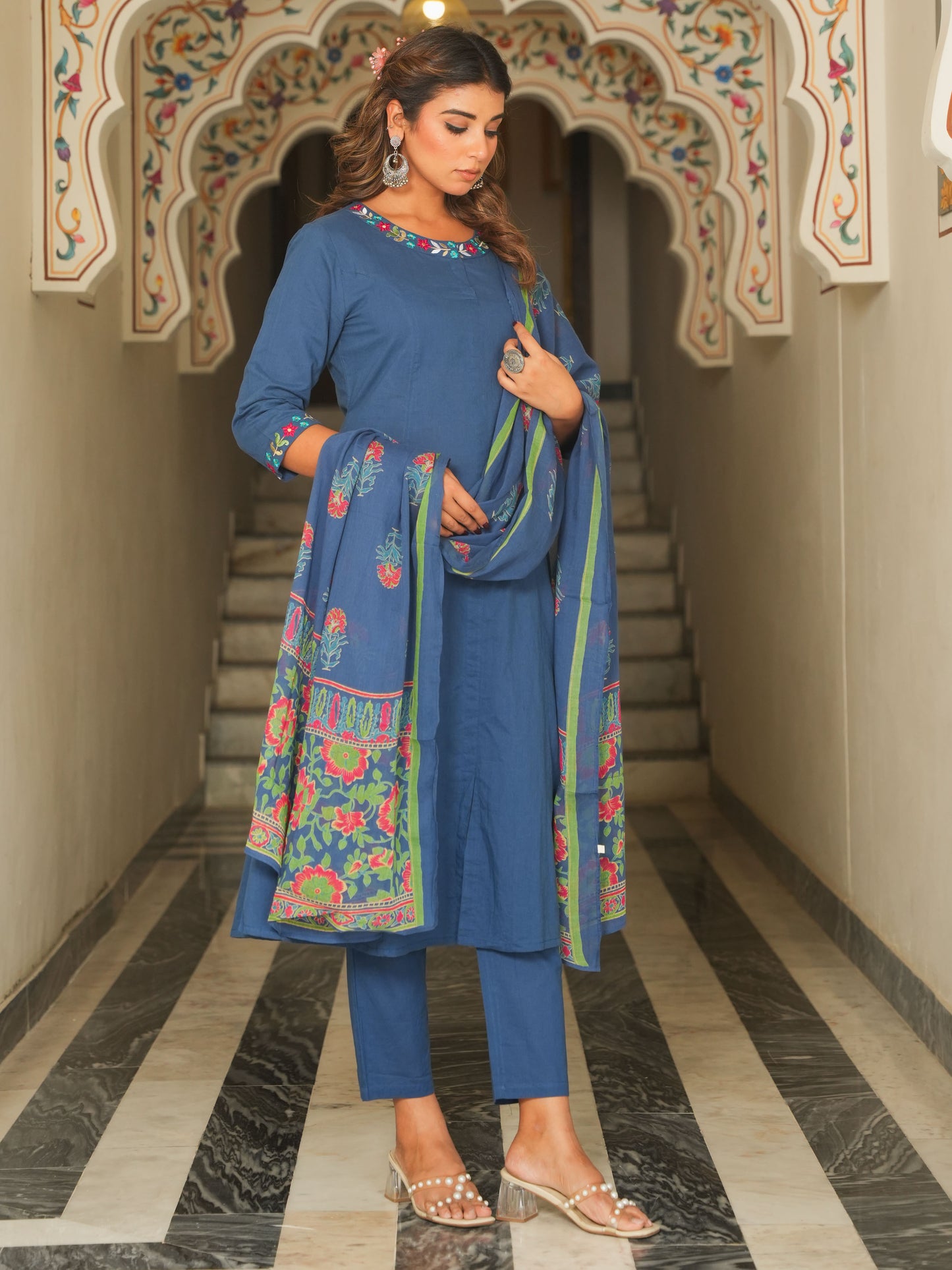 Soft Cotton Solid Flared Indigo blue Kurta