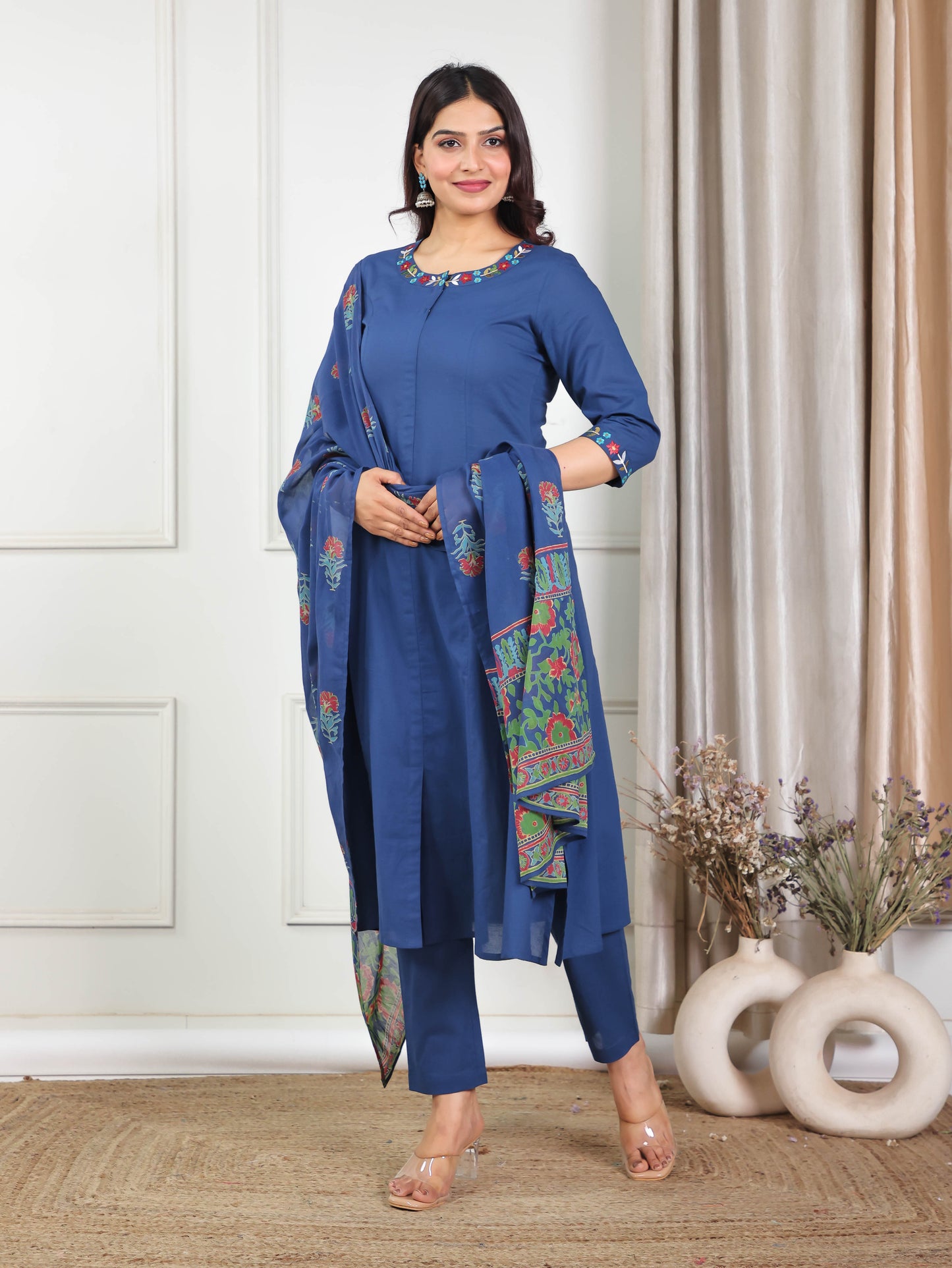 Soft Cotton Solid Flared Indigo blue Kurta