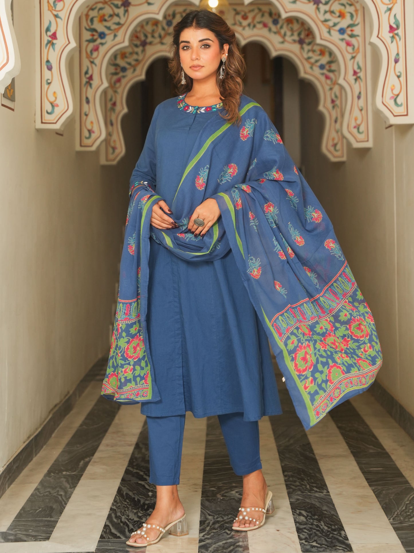 Cotton Voile Floral Blue Dupatta