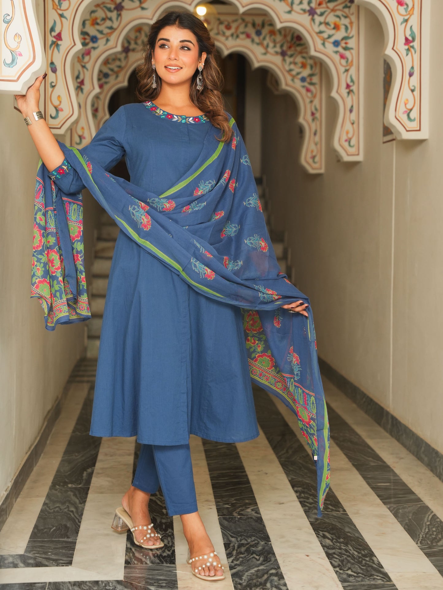 Cotton Voile Floral Blue Dupatta