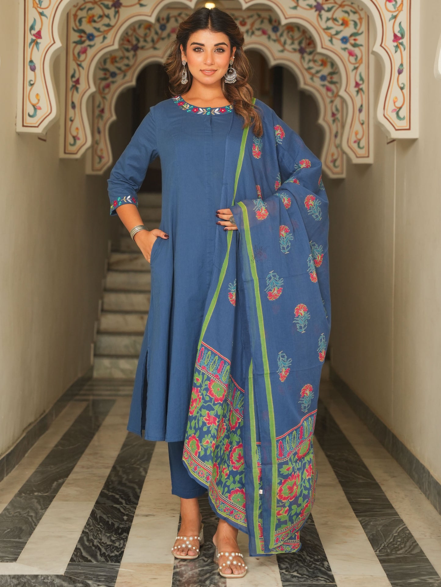 Soft Cotton Solid Flared Indigo blue Kurta