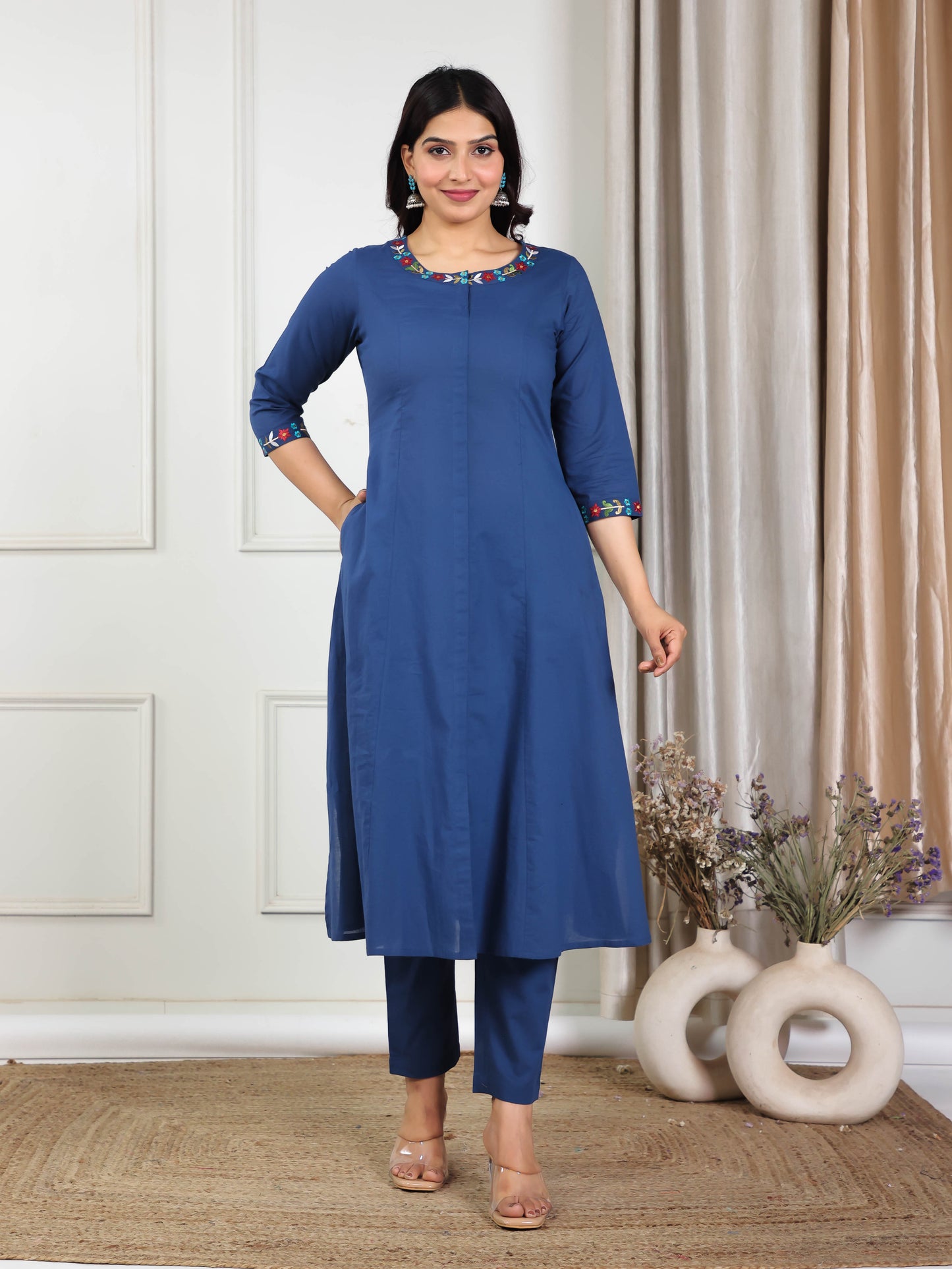 Soft Cotton Solid Flared Indigo blue Kurta