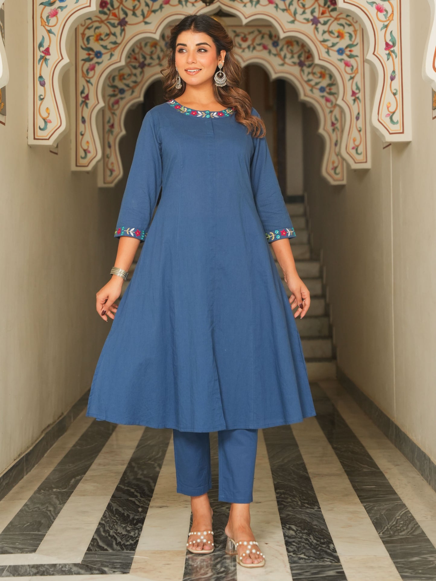 Soft Cotton Solid Flared Indigo blue Kurta