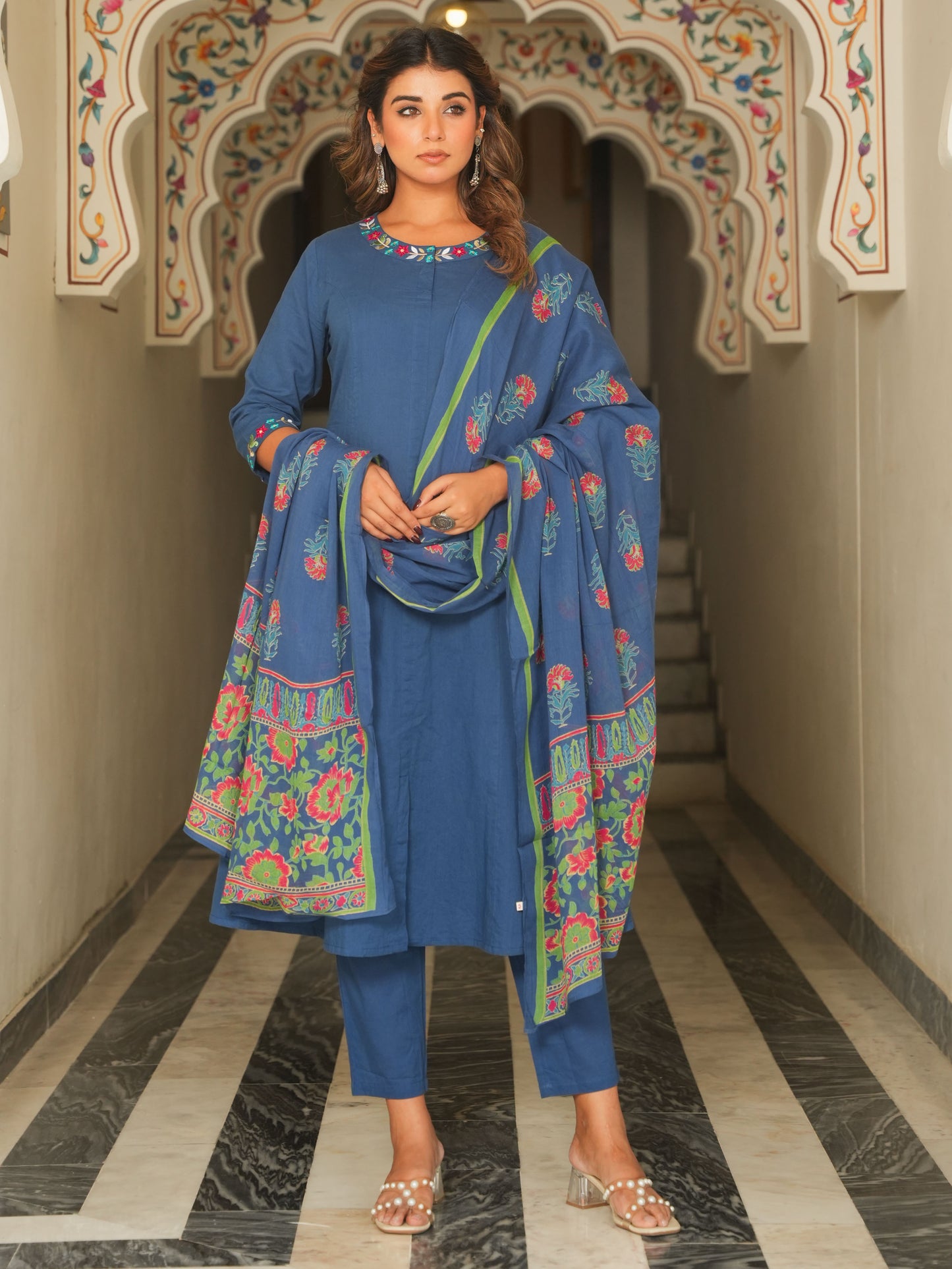 Cotton Voile Floral Blue Dupatta