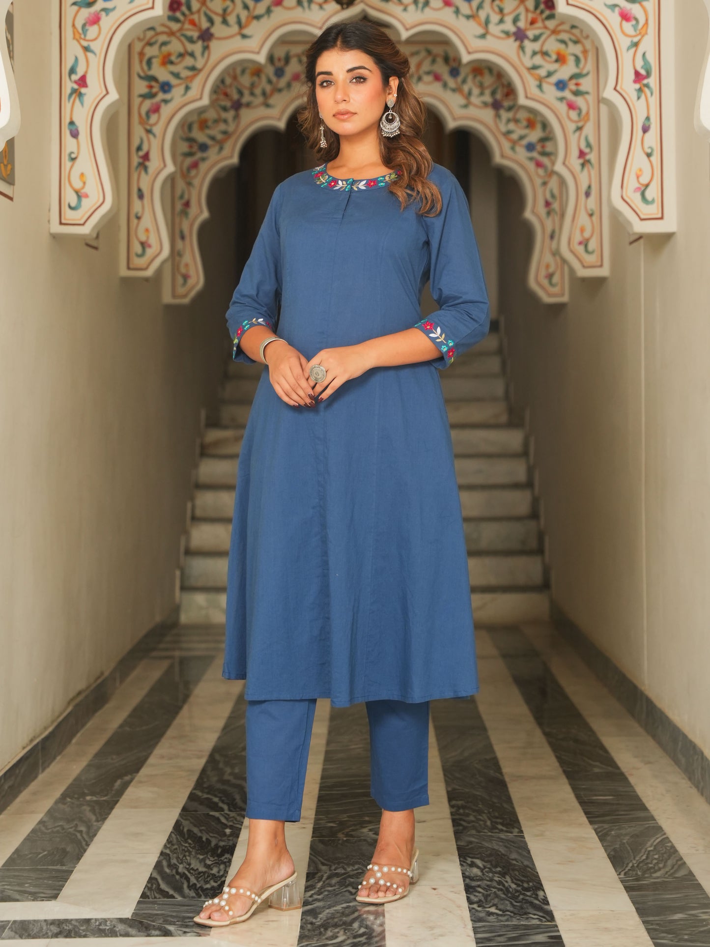 Soft Cotton Solid Flared Indigo blue Kurta