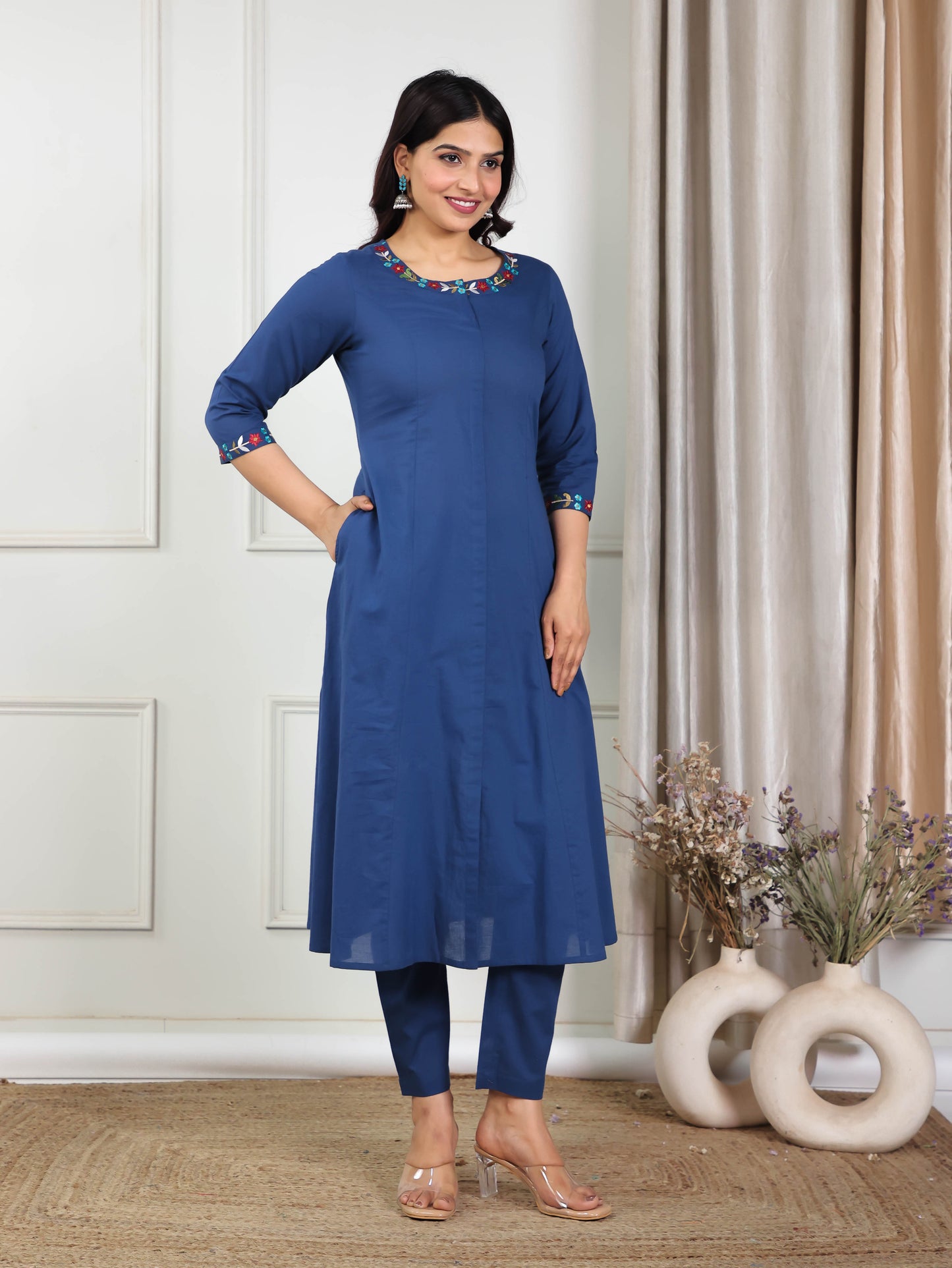 Soft Cotton Solid Flared Indigo blue Kurta