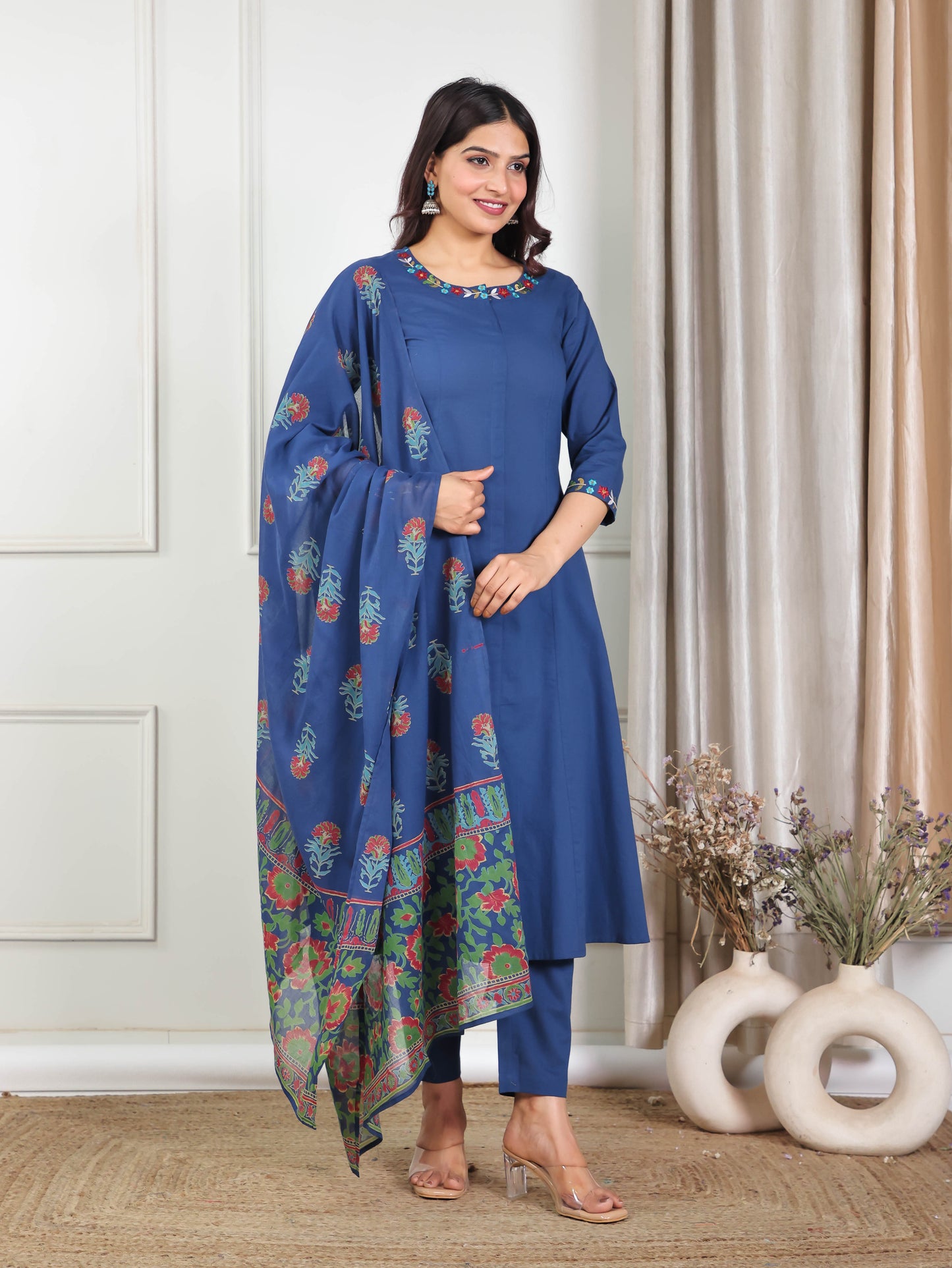 Soft Cotton Solid Flared Indigo blue Kurta