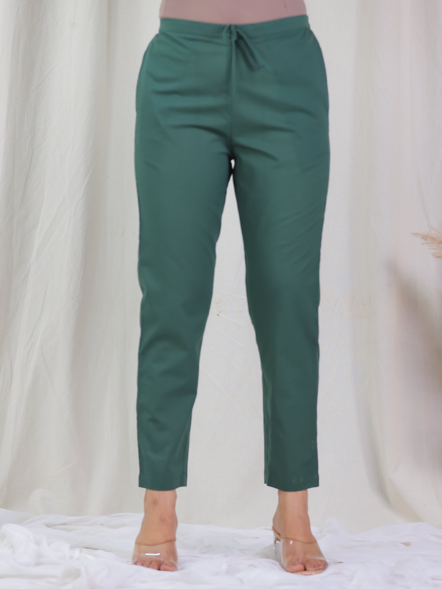 Soft Cotton Solid Green Tapered Trousers