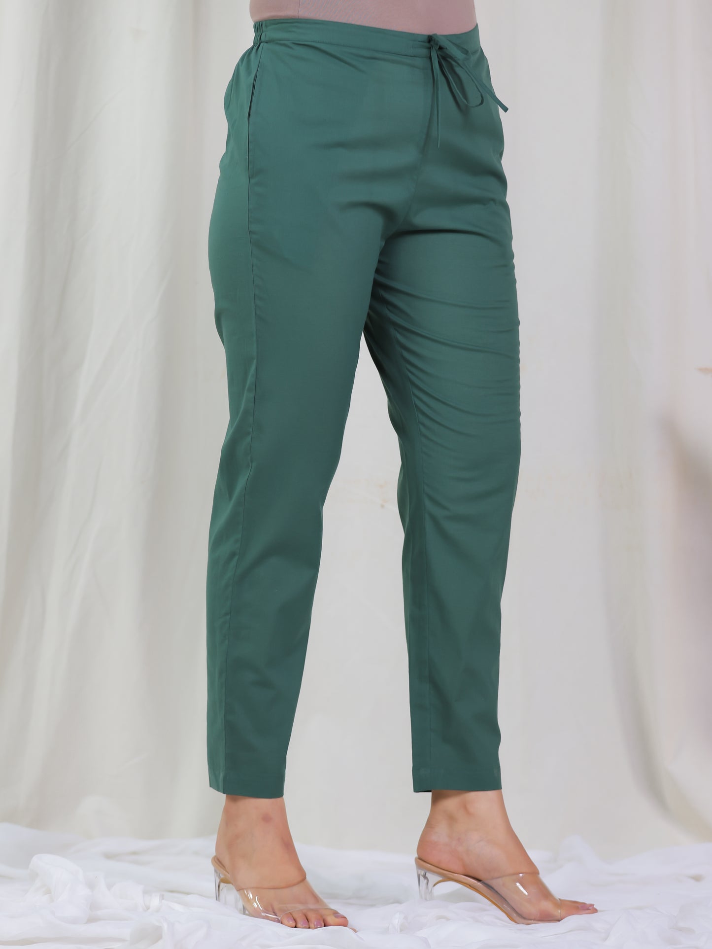 Soft Cotton Solid Green Tapered Trousers