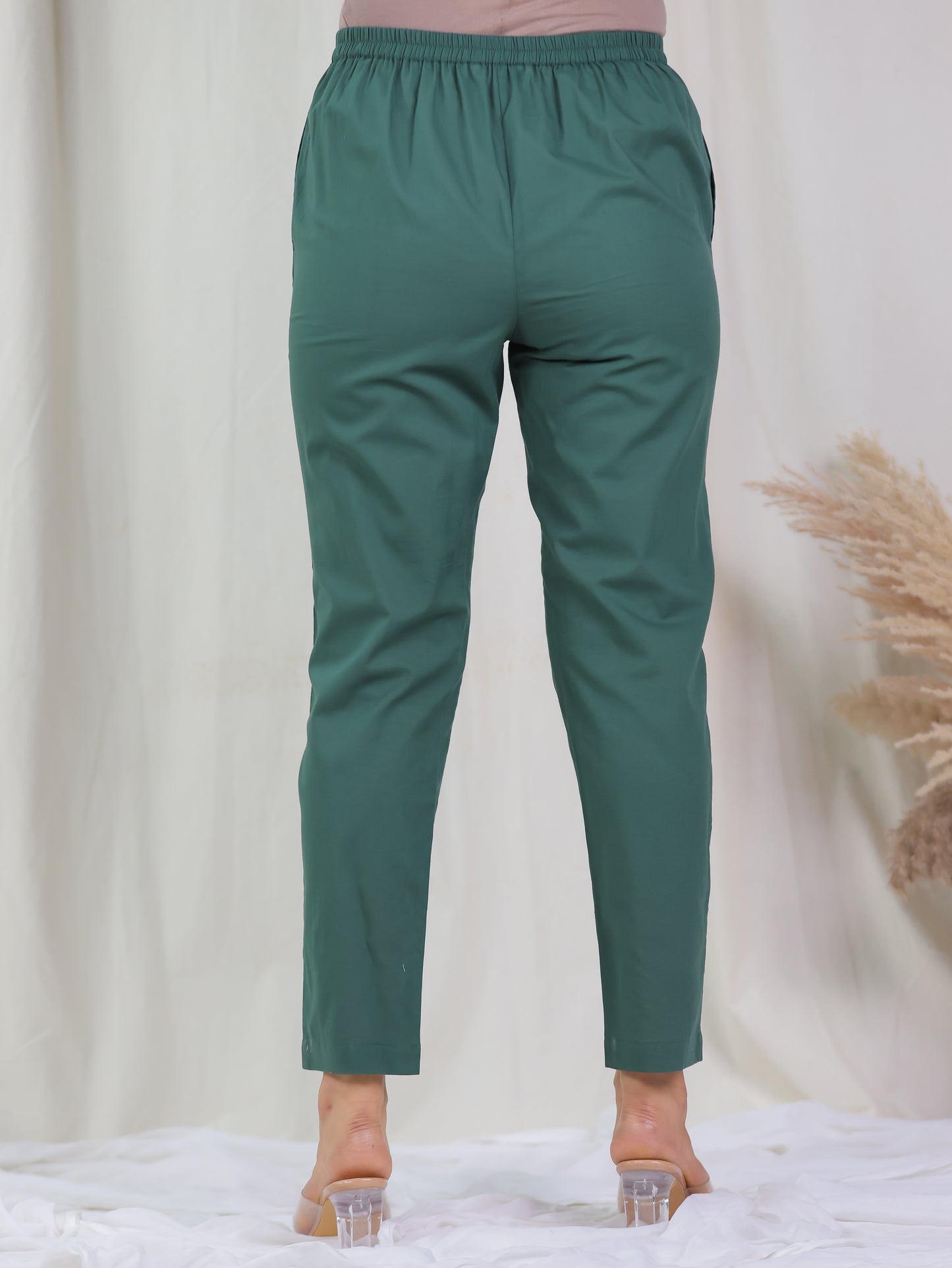 Soft Cotton Solid Green Tapered Trousers