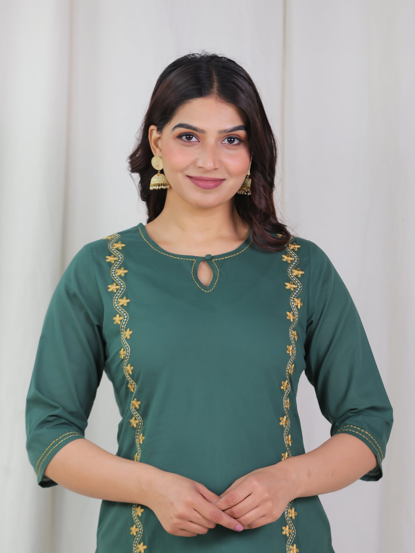 Embroidered Soft Cotton Solid Straight Green Kurta