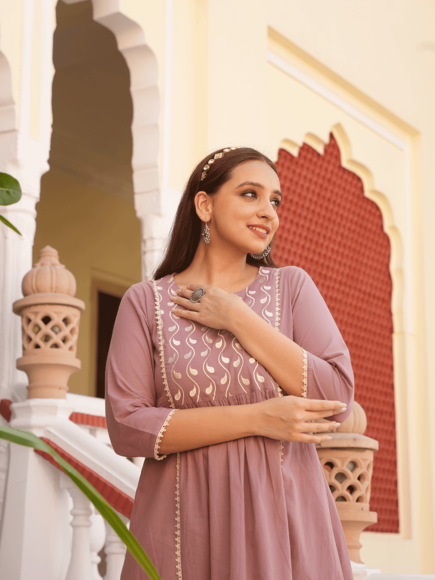 Embroidered Soft Cotton Solid Flared Burnt Pink Kurta