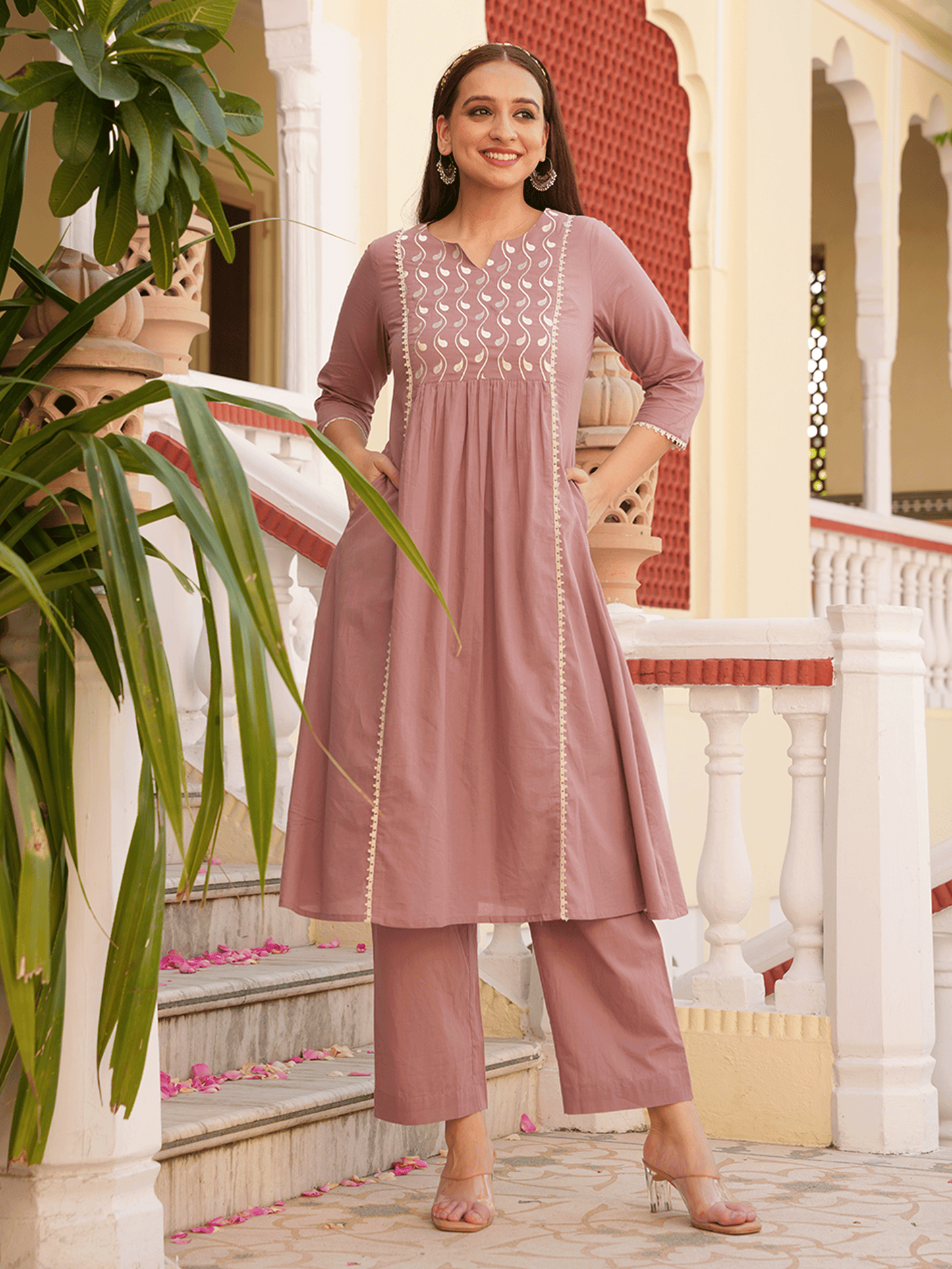 Embroidered Soft Cotton Solid Flared Burnt Pink Kurta