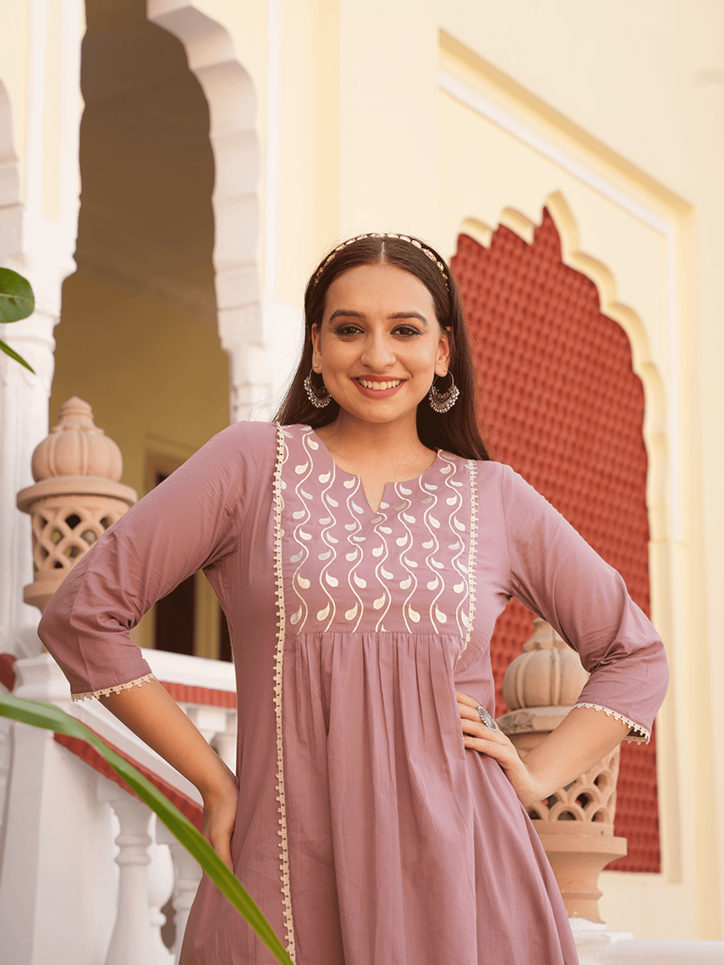 Embroidered Soft Cotton Solid Flared Burnt Pink Kurta