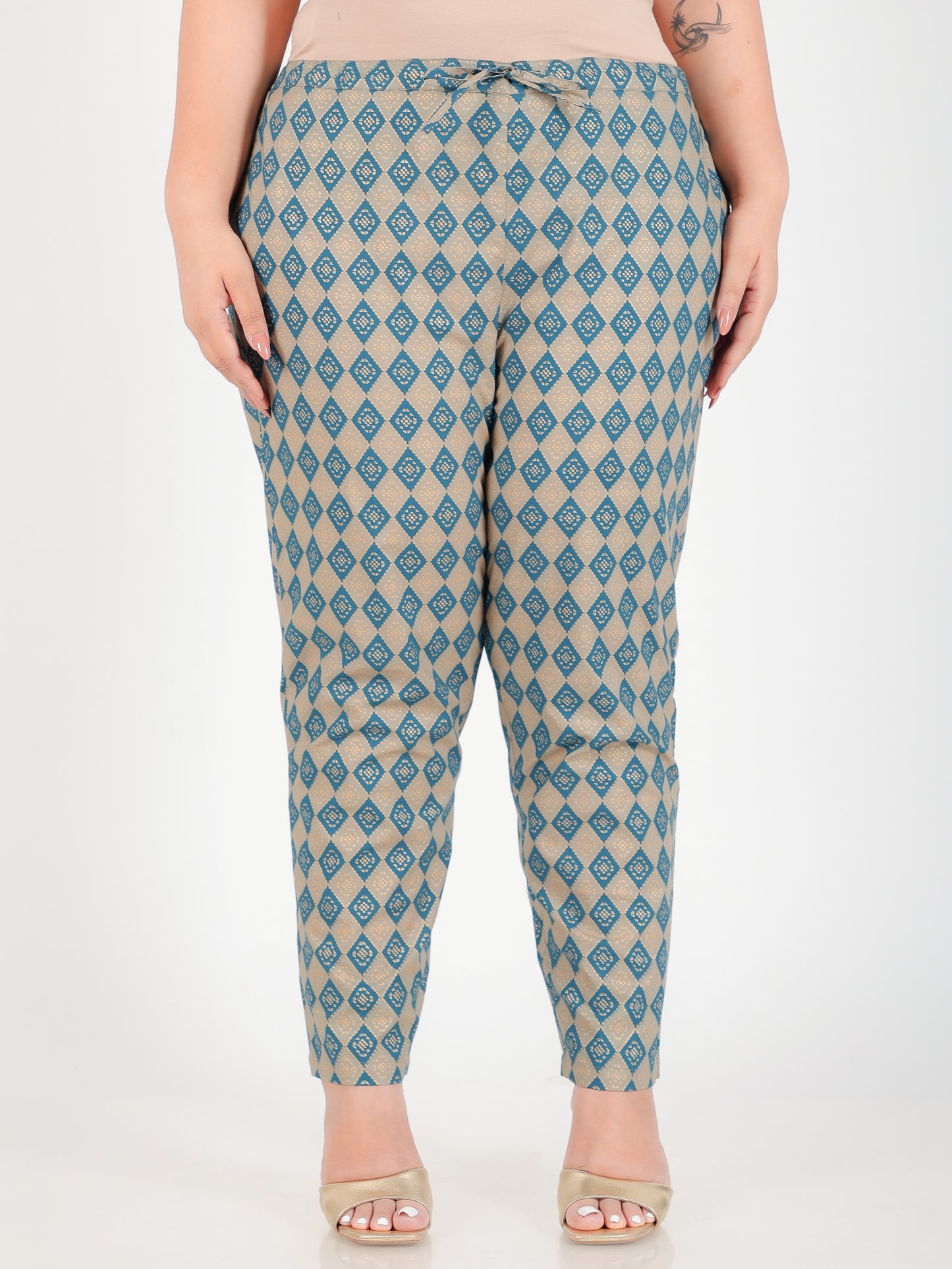 Soft Cotton Gold foil Teal Tapered Trousers