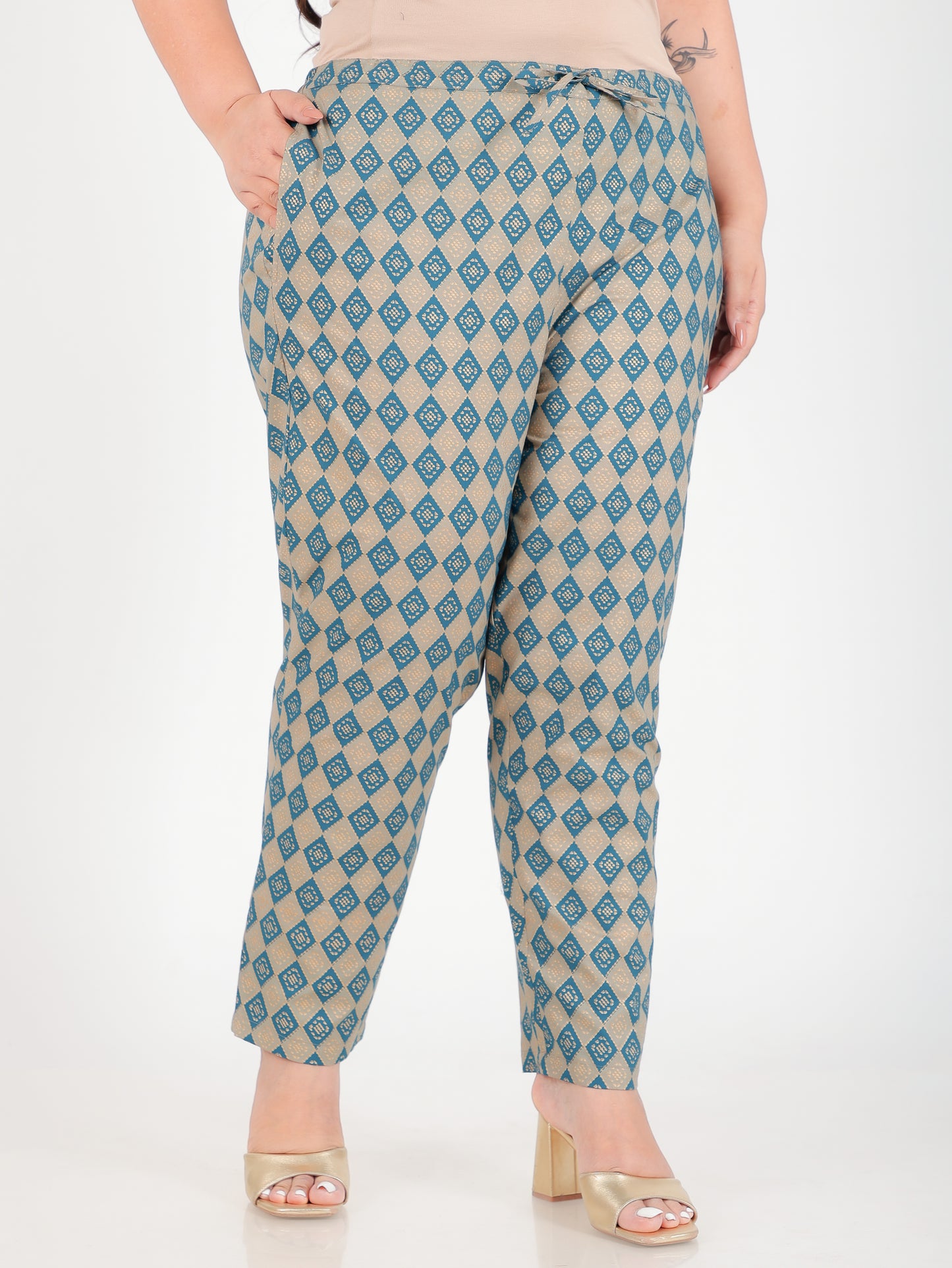 Soft Cotton Gold foil Teal Tapered Trousers