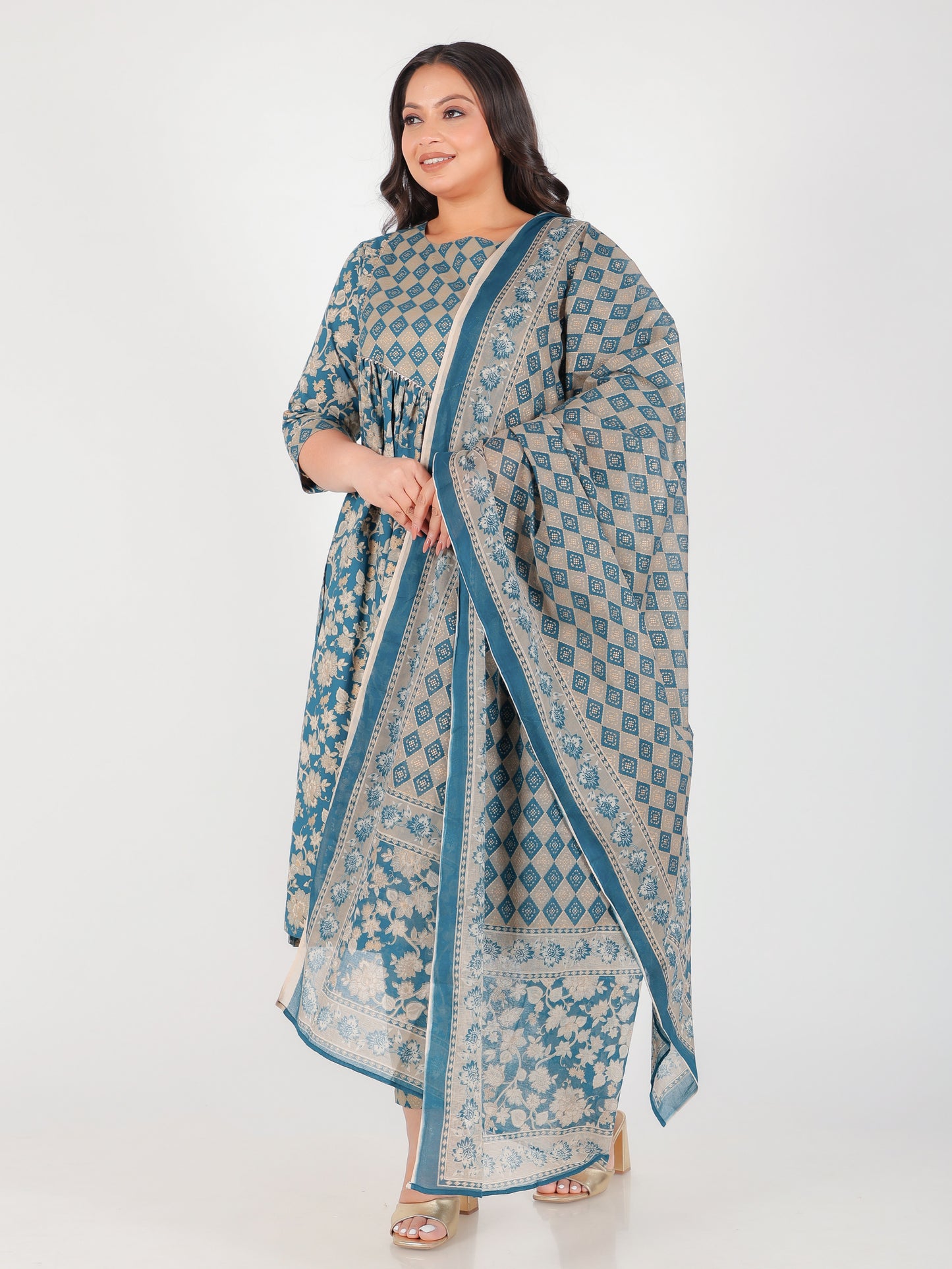 Soft Cotton Gold foil Flared Teal Kurta