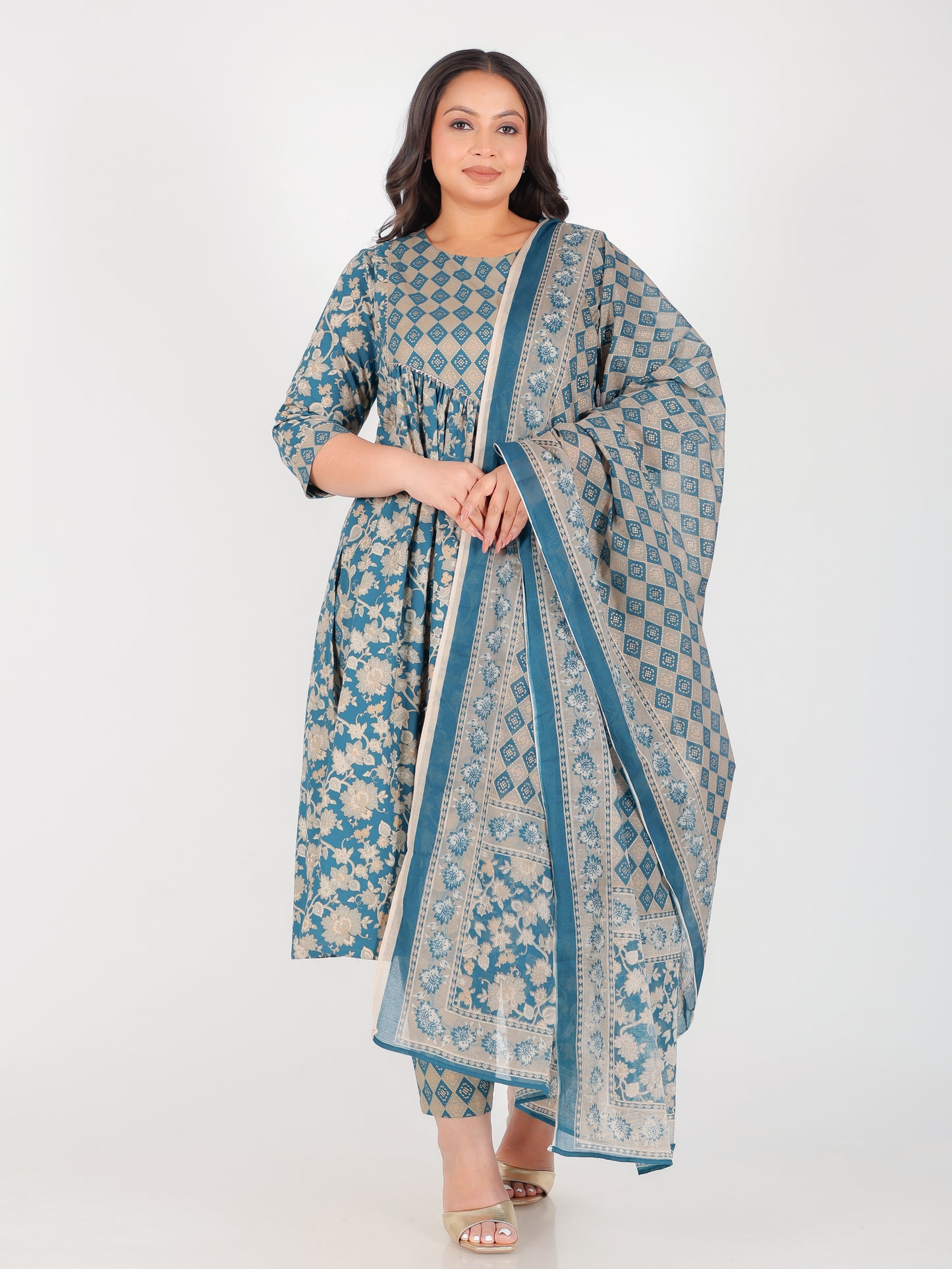 Soft Cotton Gold foil Flared Teal Kurta