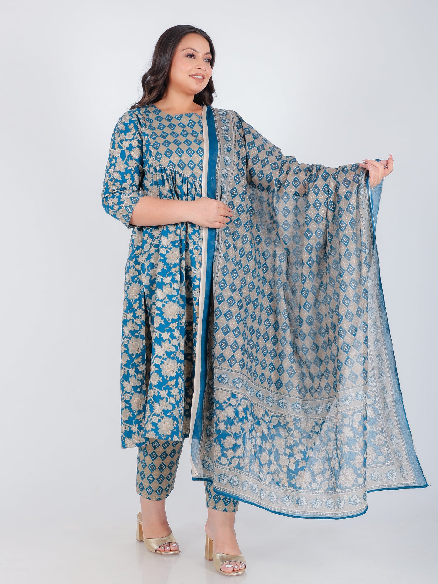Soft Cotton Gold foil A-line Blue Kurta