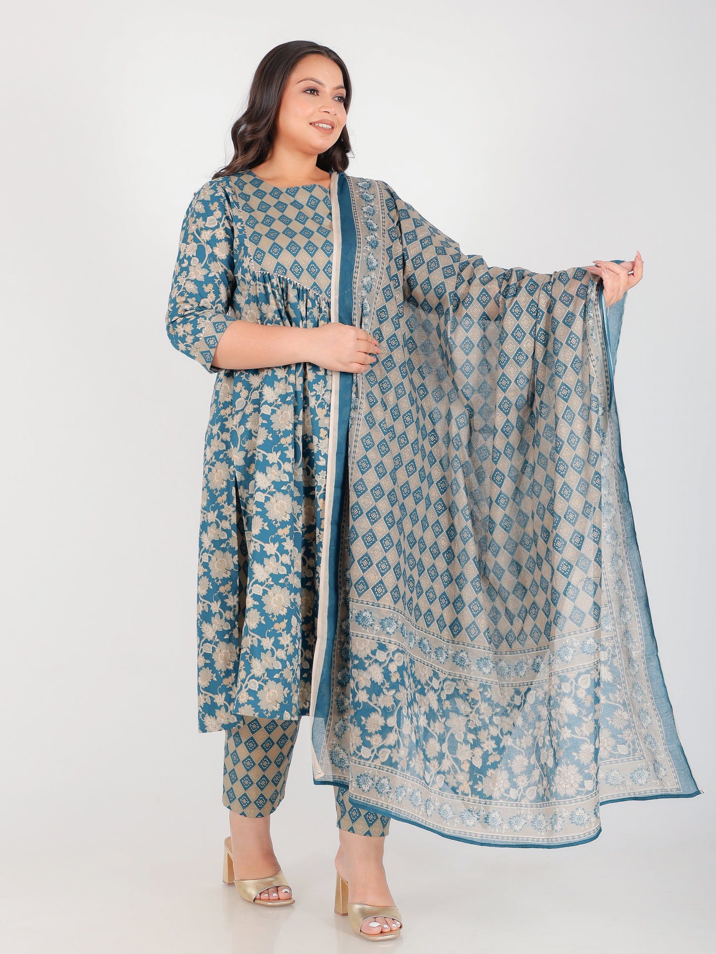 Soft Cotton Gold foil Flared Teal Kurta