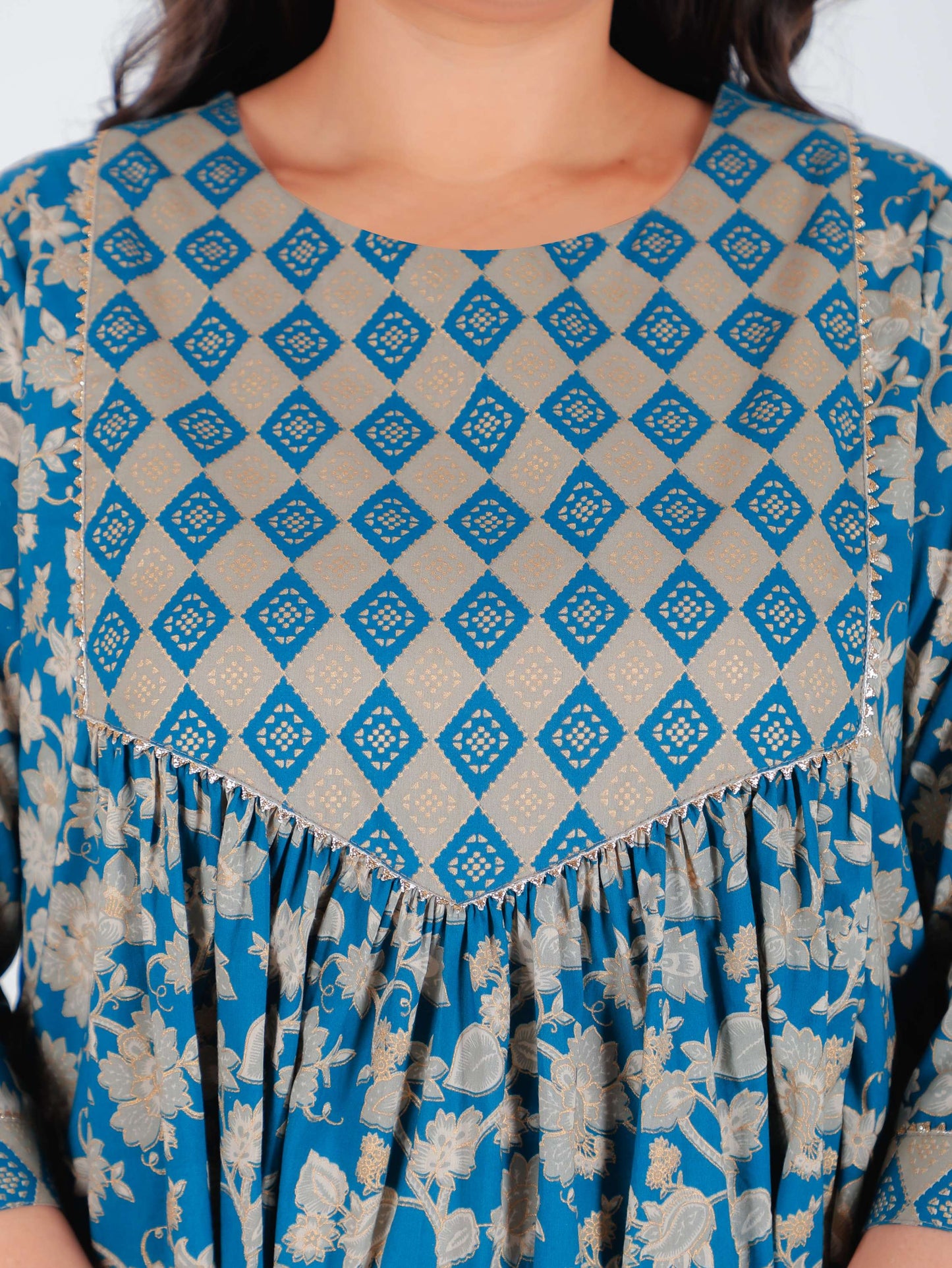 Soft Cotton Gold foil A-line Blue Kurta