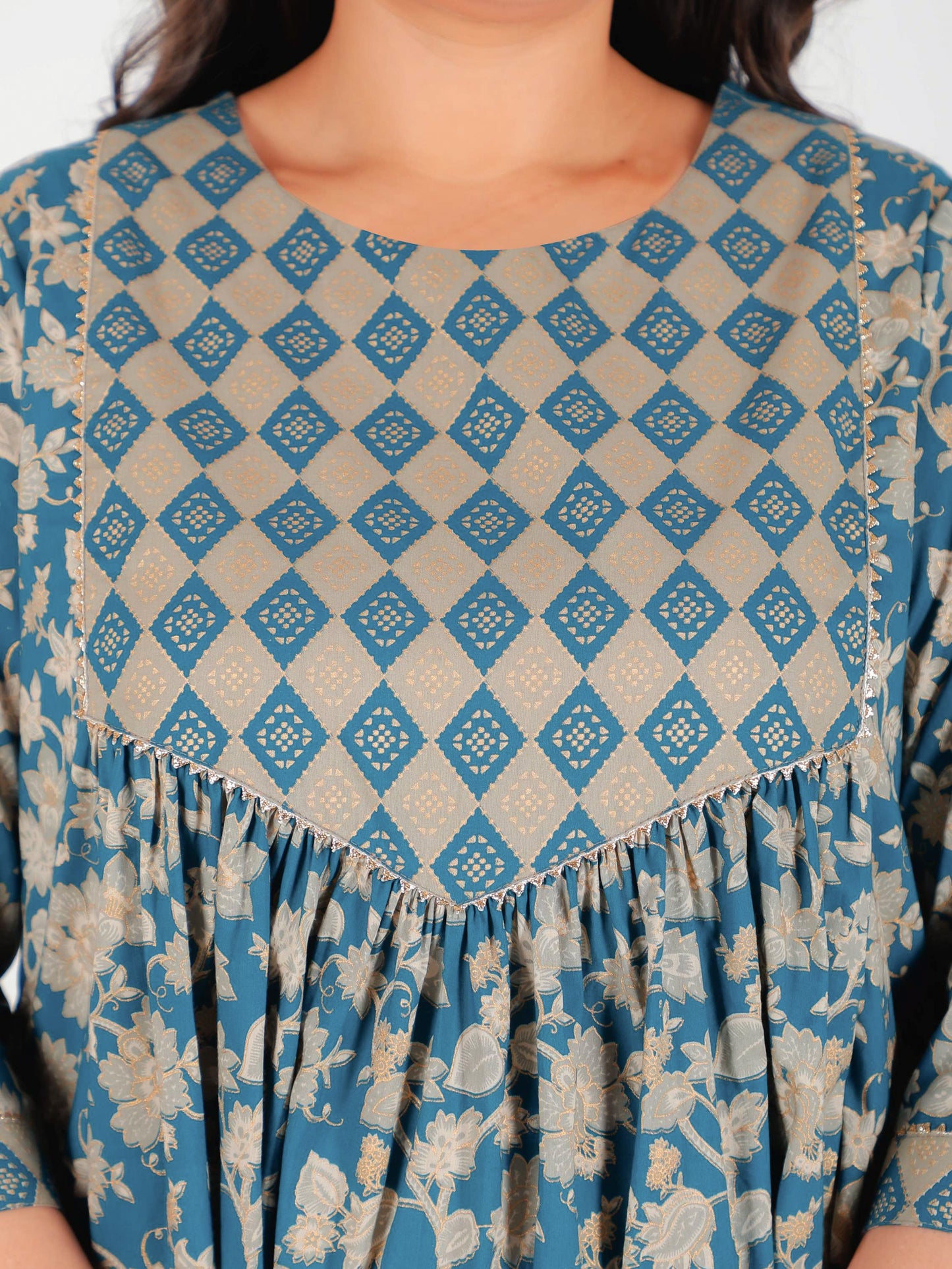 Soft Cotton Gold foil Flared Teal Kurta