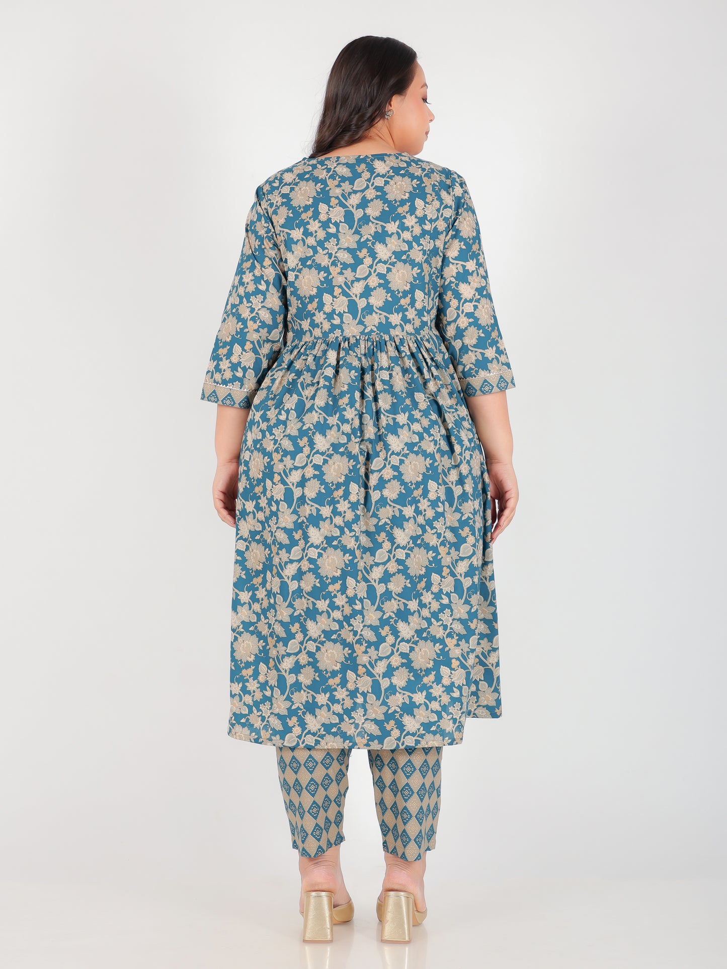 Soft Cotton Gold foil Flared Teal Kurta