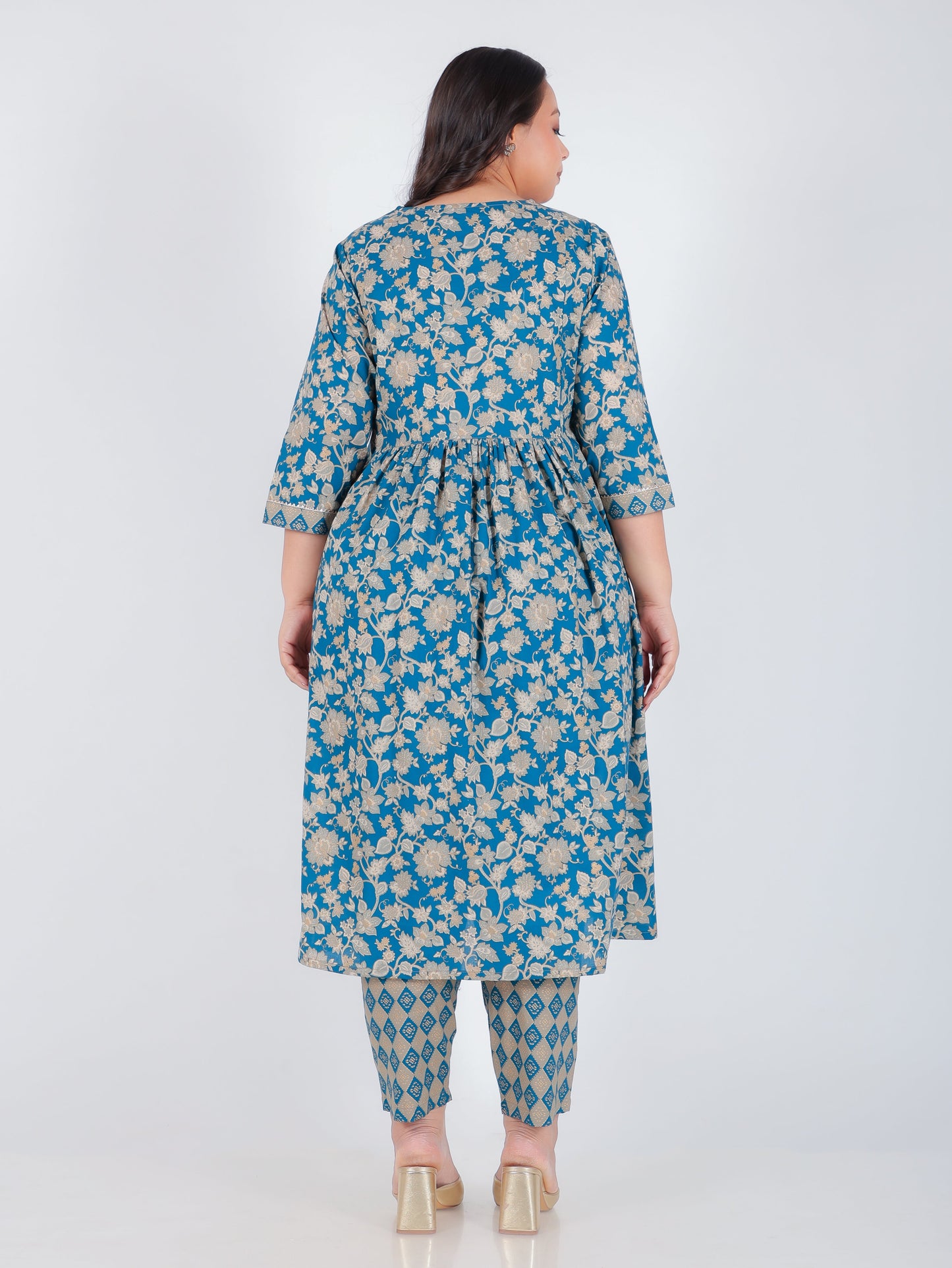 Soft Cotton Gold foil A-line Blue Kurta