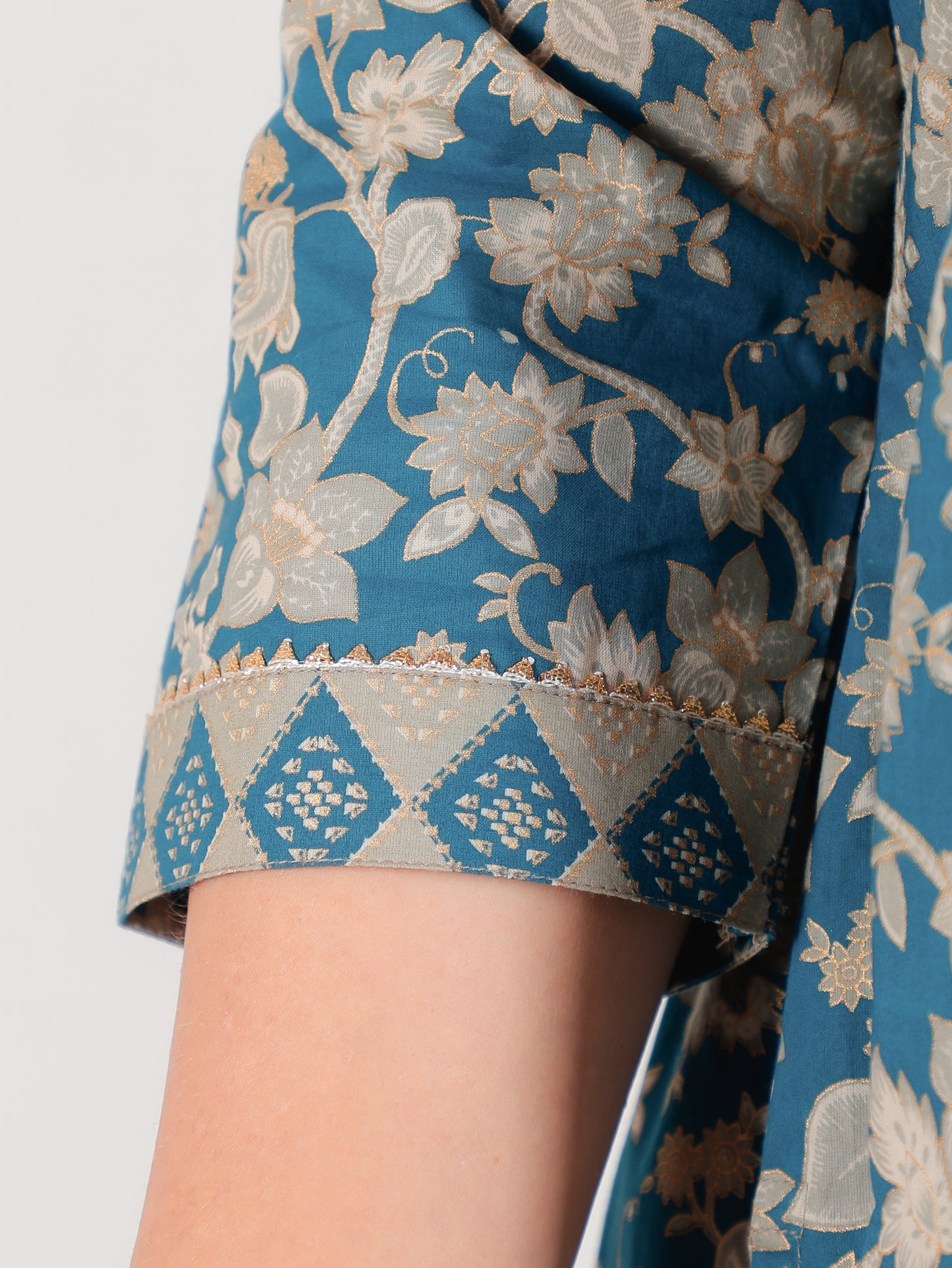 Soft Cotton Gold foil Flared Teal Kurta
