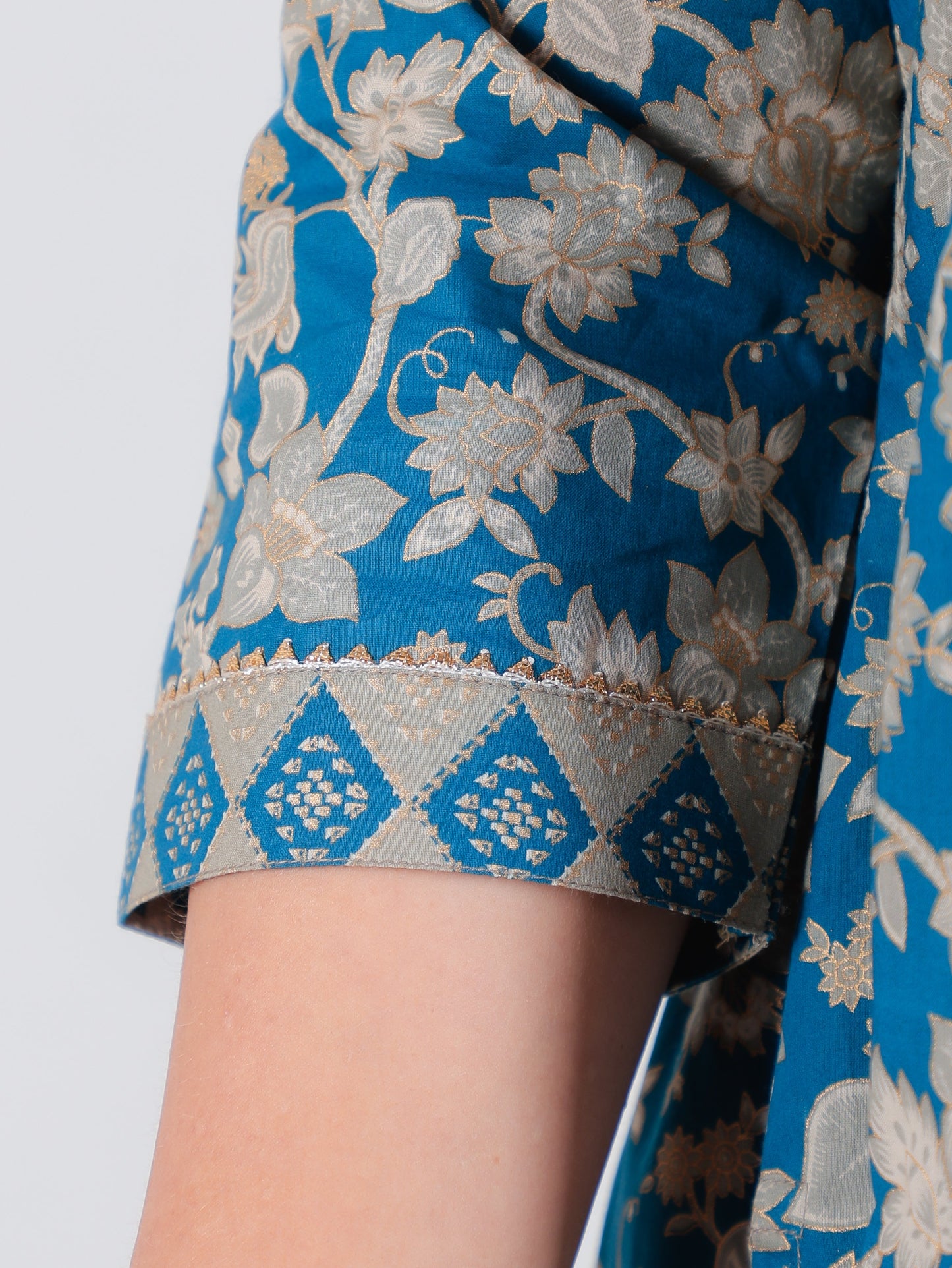 Soft Cotton Gold foil A-line Blue Kurta