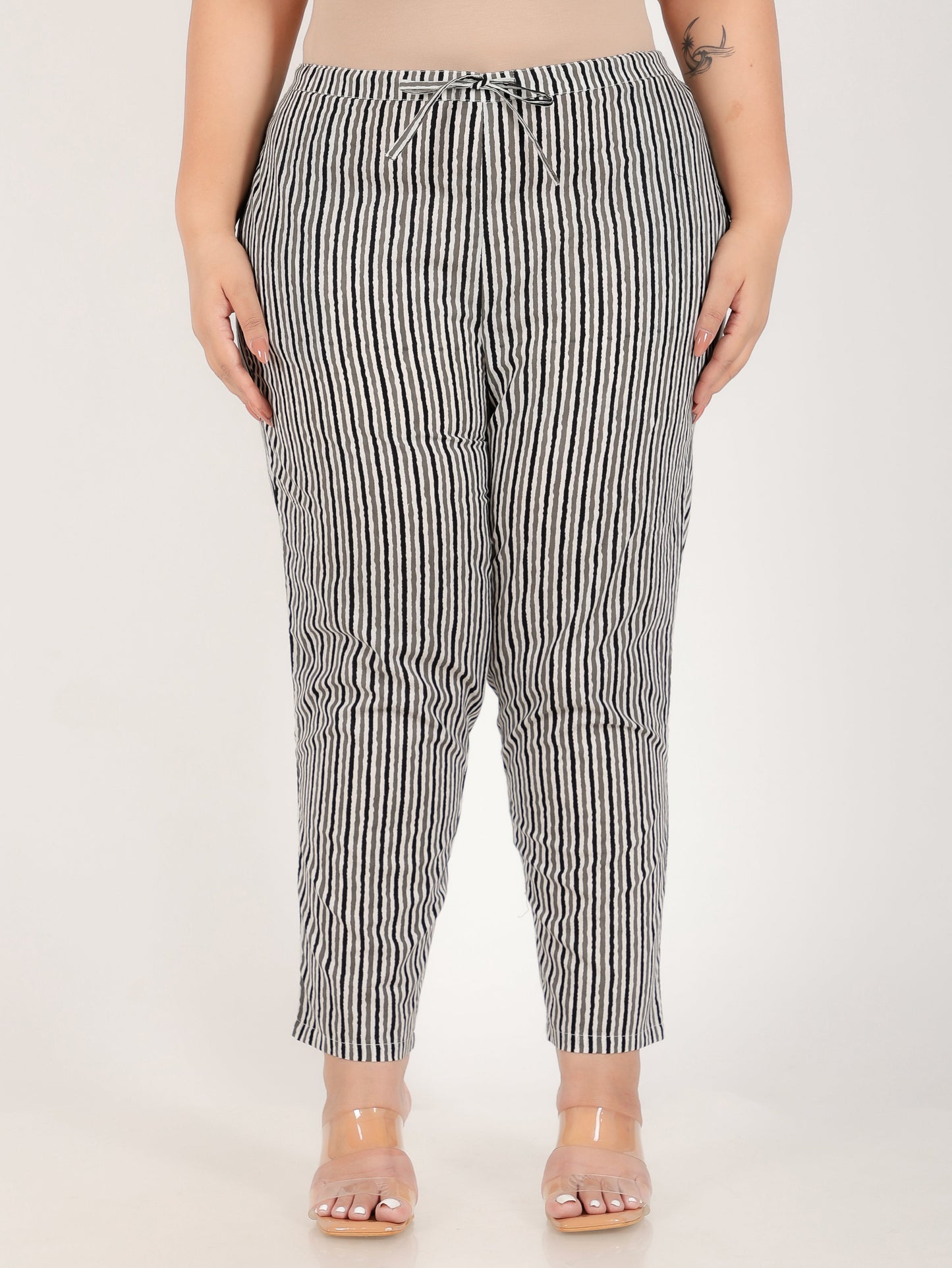 Soft Cotton Striped White Tapered Trousers