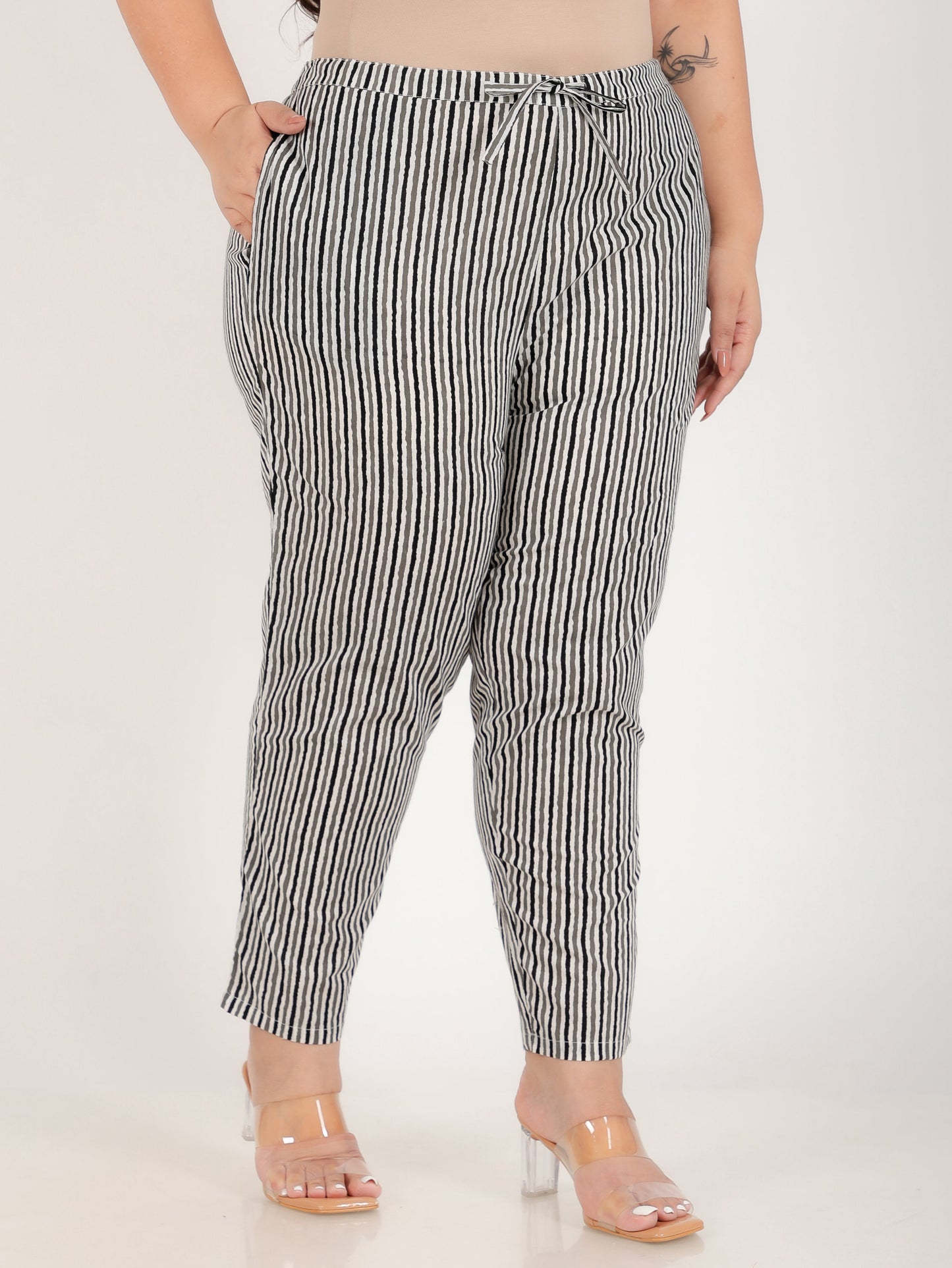 Soft Cotton Striped White Tapered Trousers