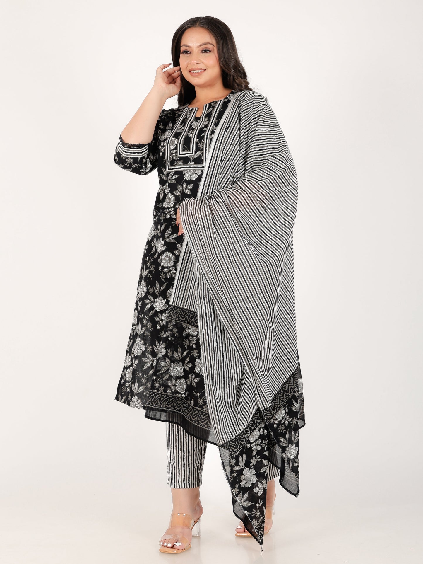 Soft Cotton Floral Straight Black Kurta