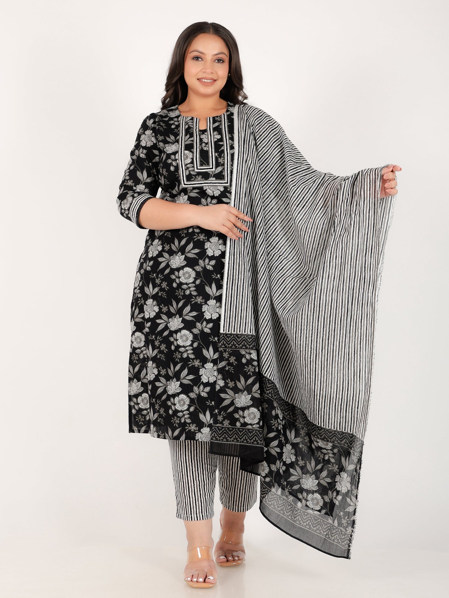 Soft Cotton Floral Straight Black Kurta