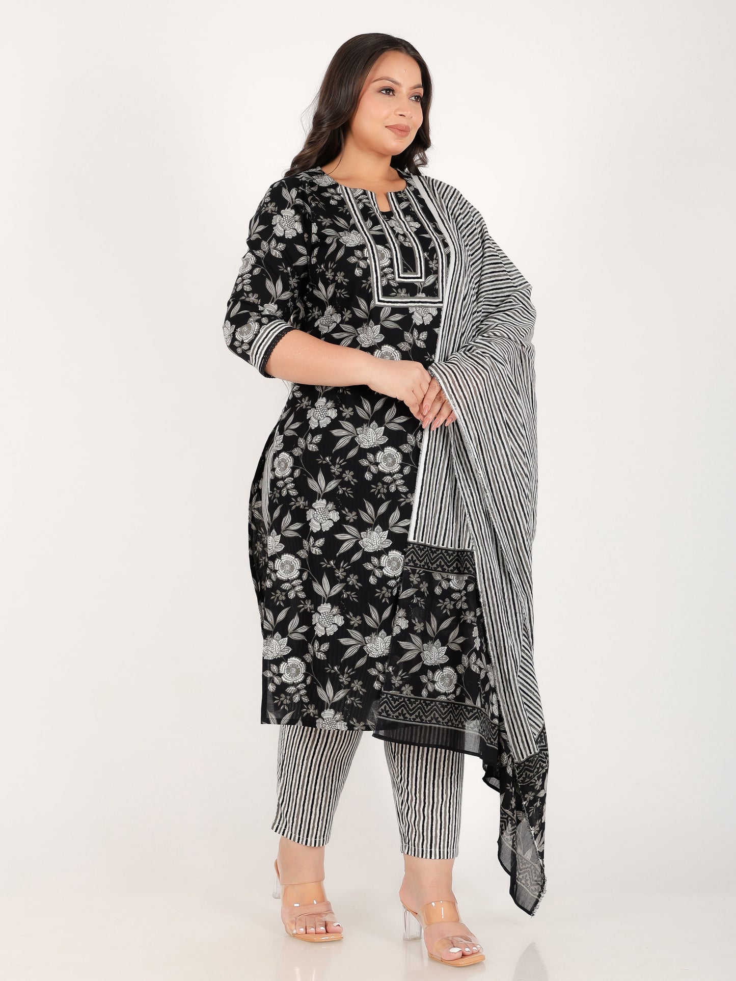 Soft Cotton Floral Straight Black Kurta