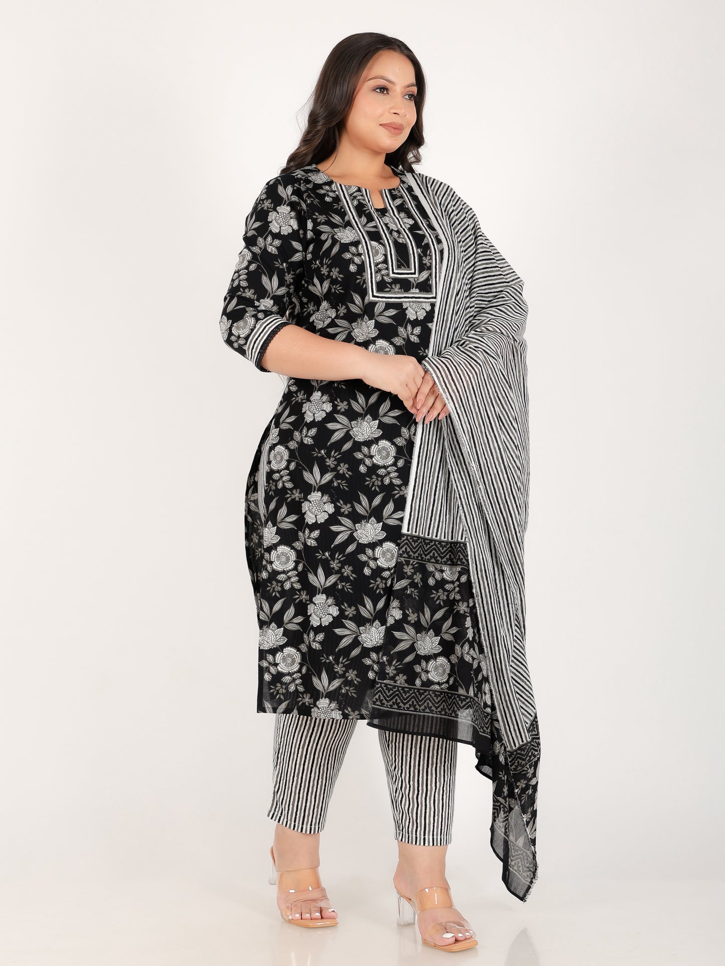 Soft Cotton Floral Straight Black Kurta