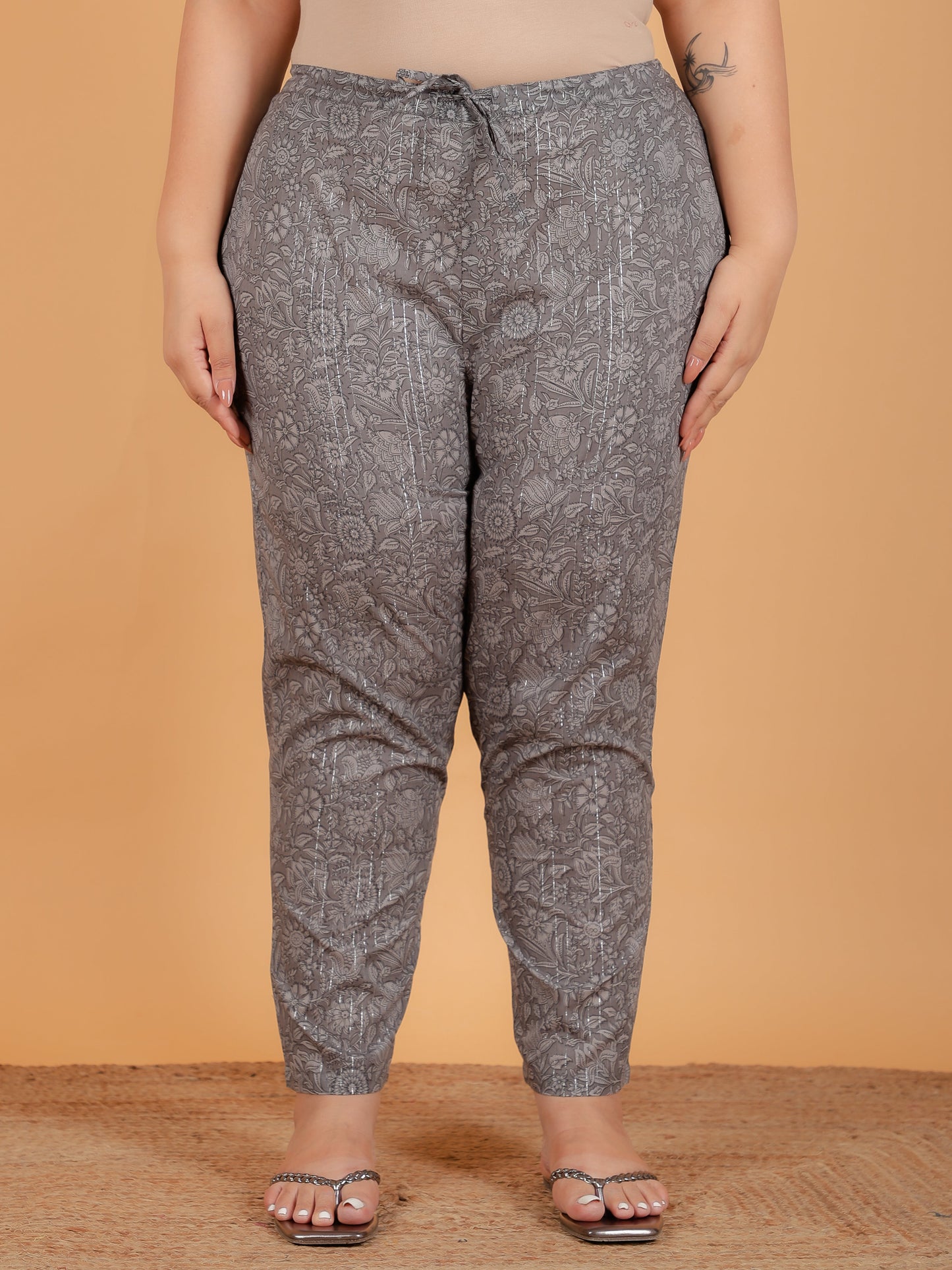 Lurex Cotton Floral Grey Tapered Trousers
