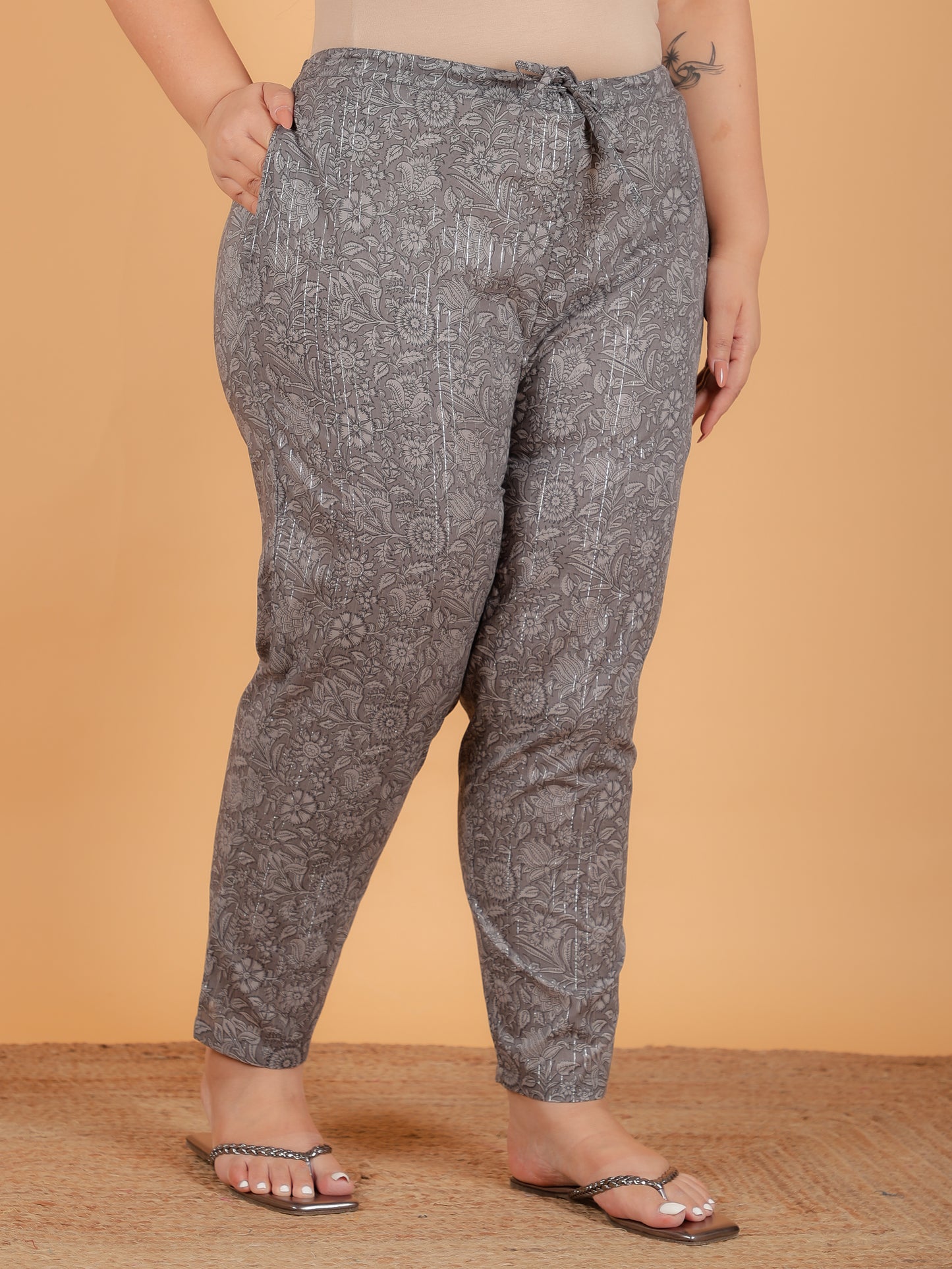 Lurex Cotton Floral Grey Tapered Trousers