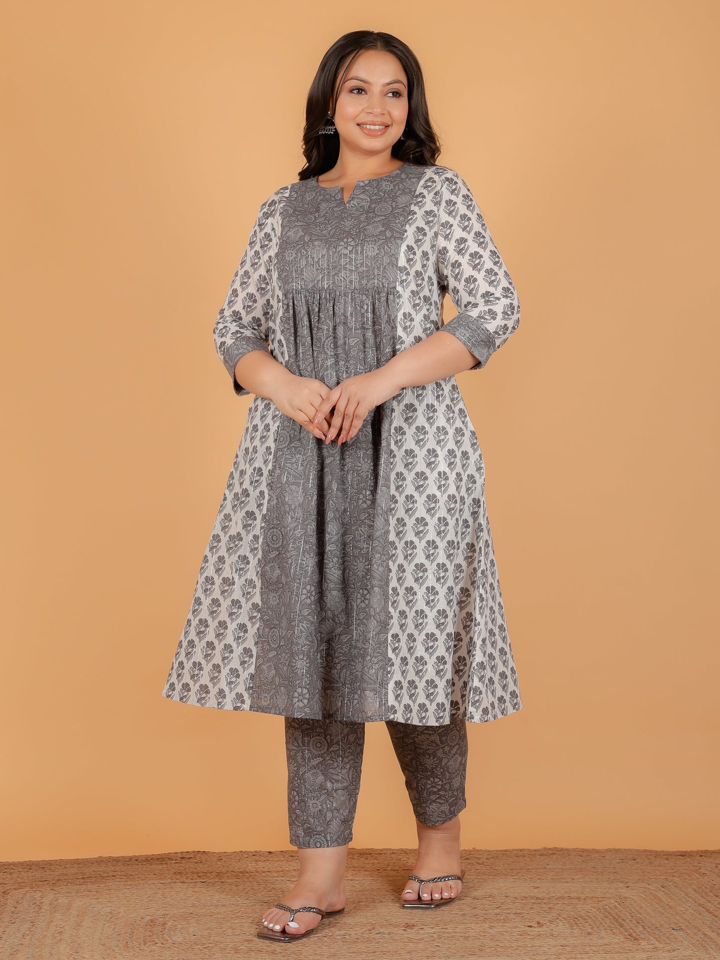 Lurex Cotton Block Panelled Grey Kurta