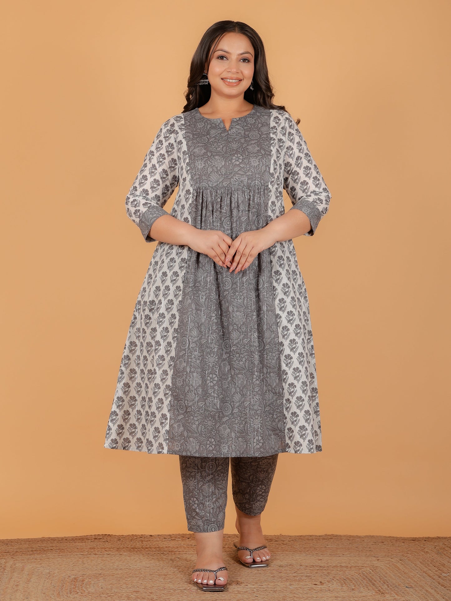 Lurex Cotton Block Panelled Grey Kurta