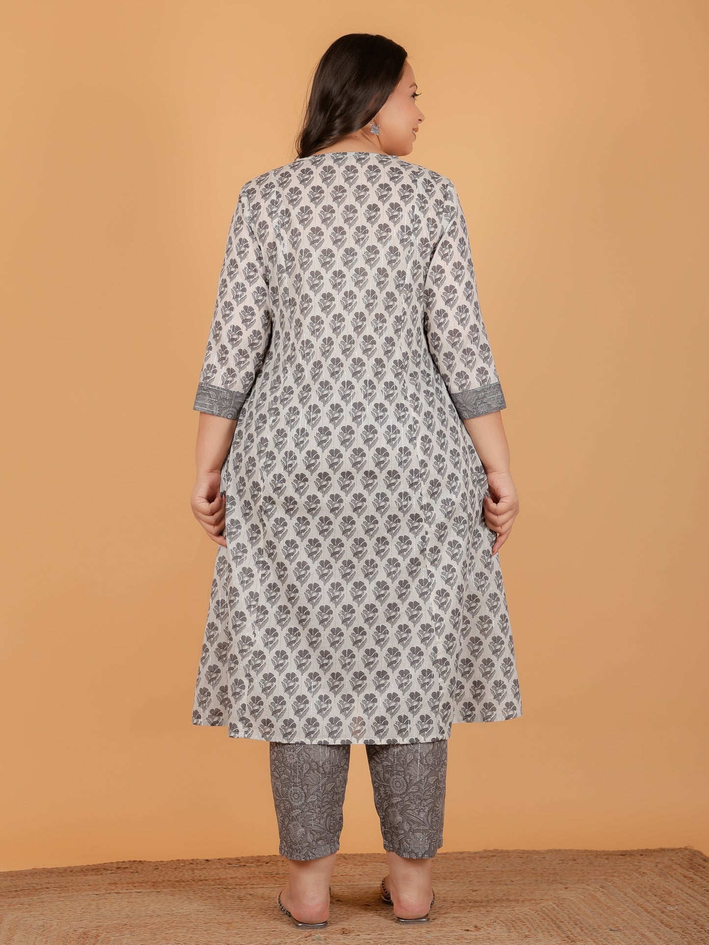 Lurex Cotton Block Panelled Grey Kurta