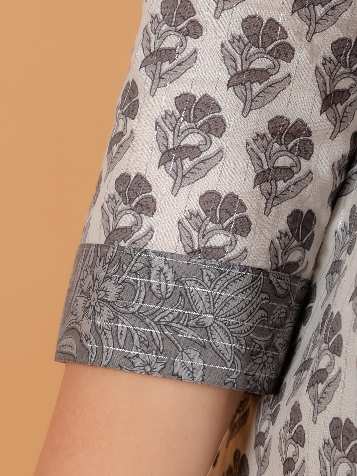 Lurex Cotton Block Panelled Grey Kurta