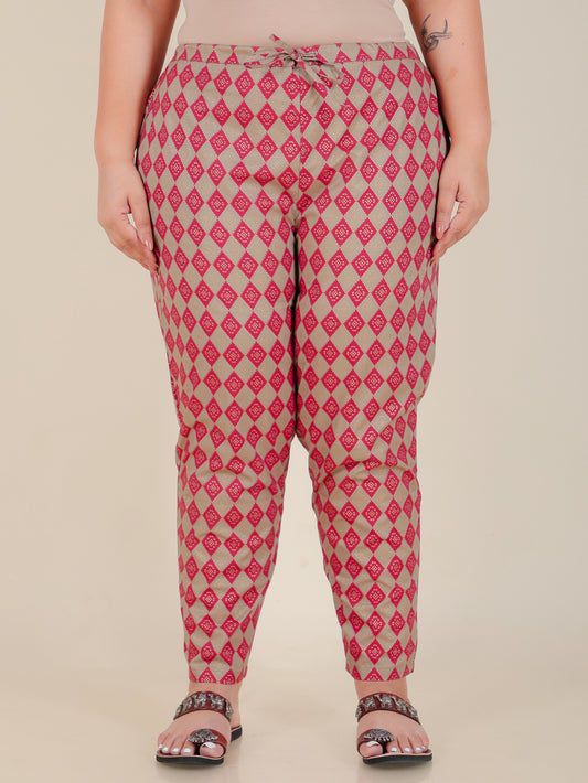 Soft Cotton Geometric Beige Tapered Trousers