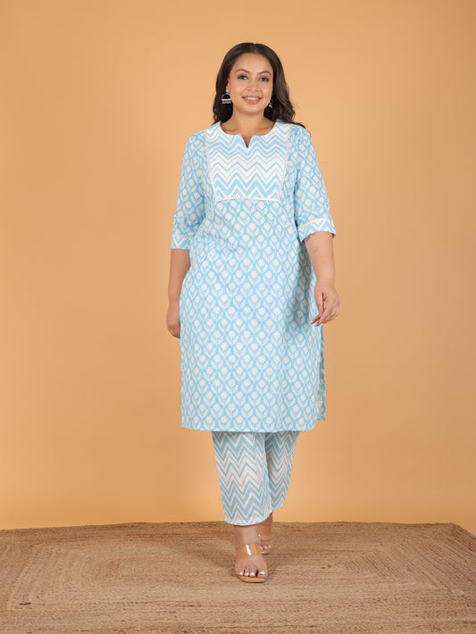 Soft Cotton Butti Straight Blue Kurta