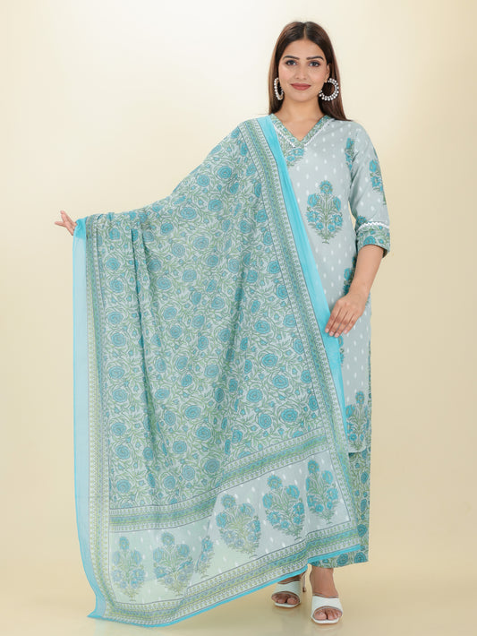 Voile Cotton Floral Green Dupatta