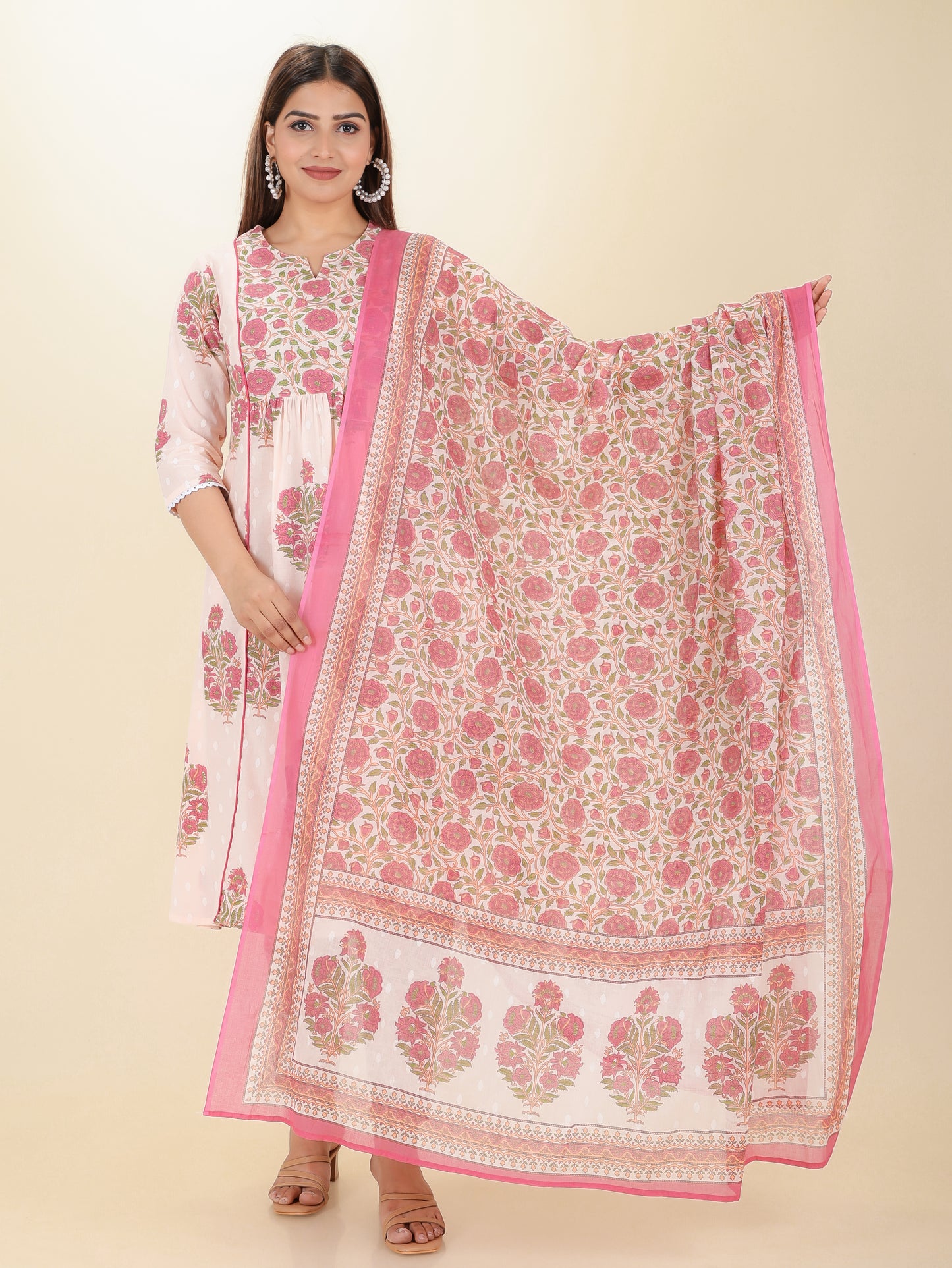 Cotton Voile Block Print Peach Dupatta